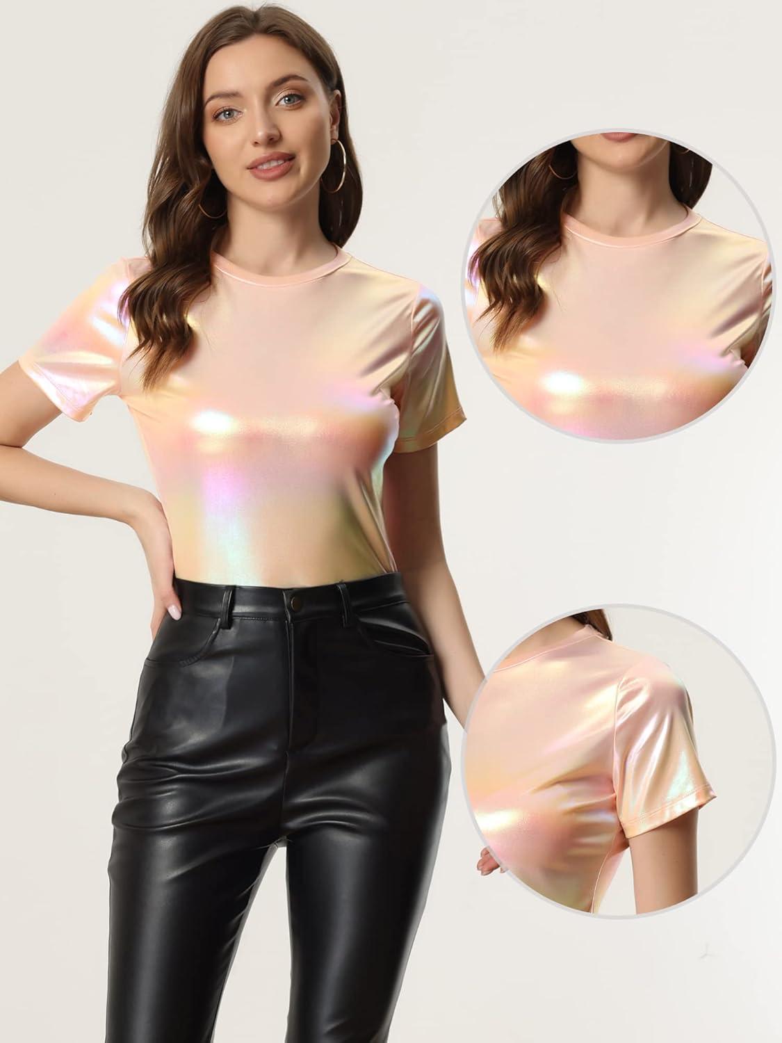 imageAllegra K Womens 80s Disco Outfit Party Club Sparkly Rainbow Metallic TopBeige Pink