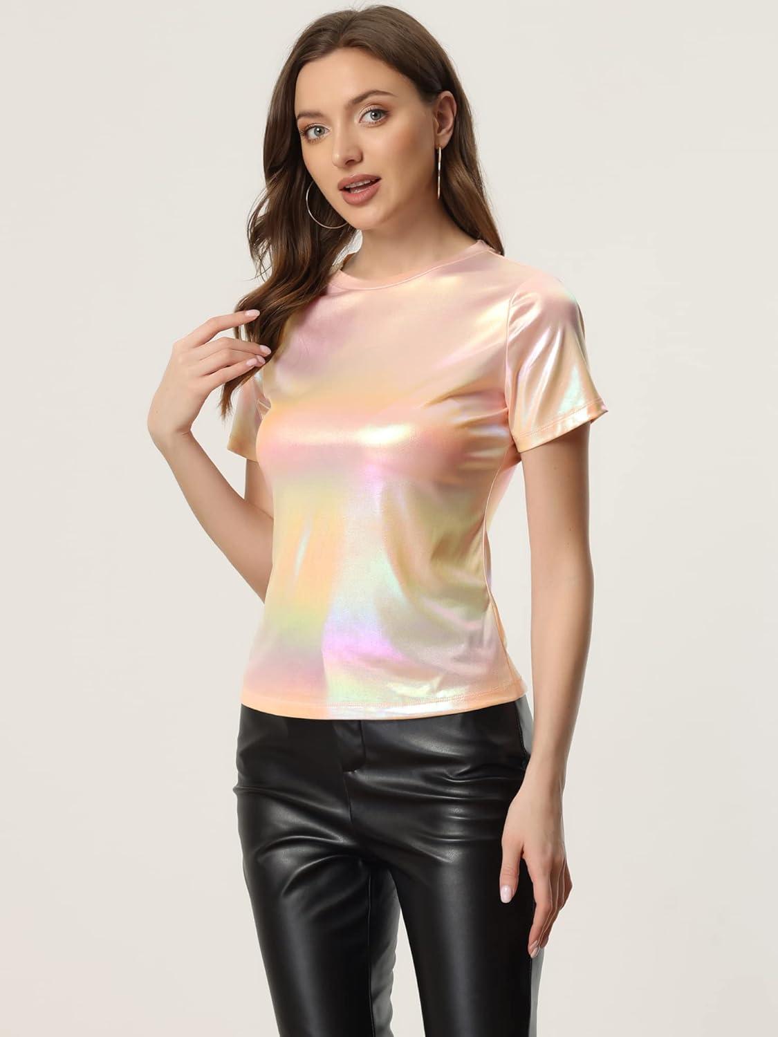imageAllegra K Womens 80s Disco Outfit Party Club Sparkly Rainbow Metallic TopBeige Pink