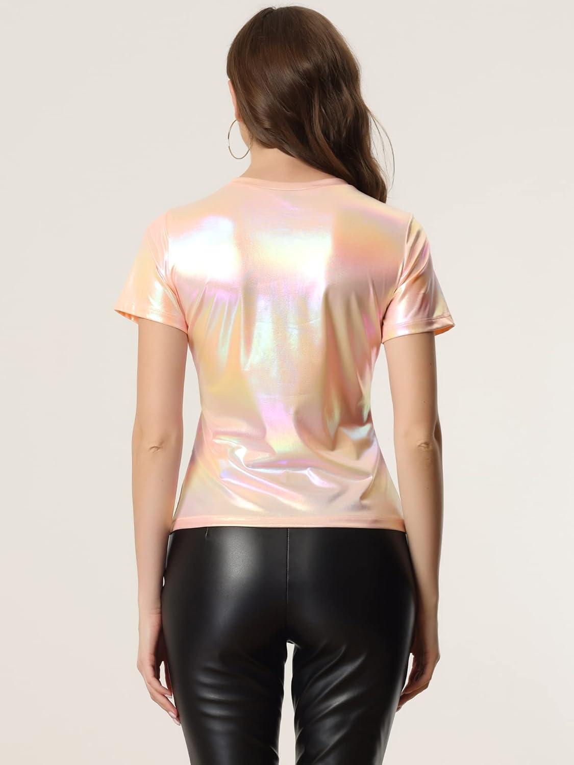 imageAllegra K Womens 80s Disco Outfit Party Club Sparkly Rainbow Metallic TopBeige Pink
