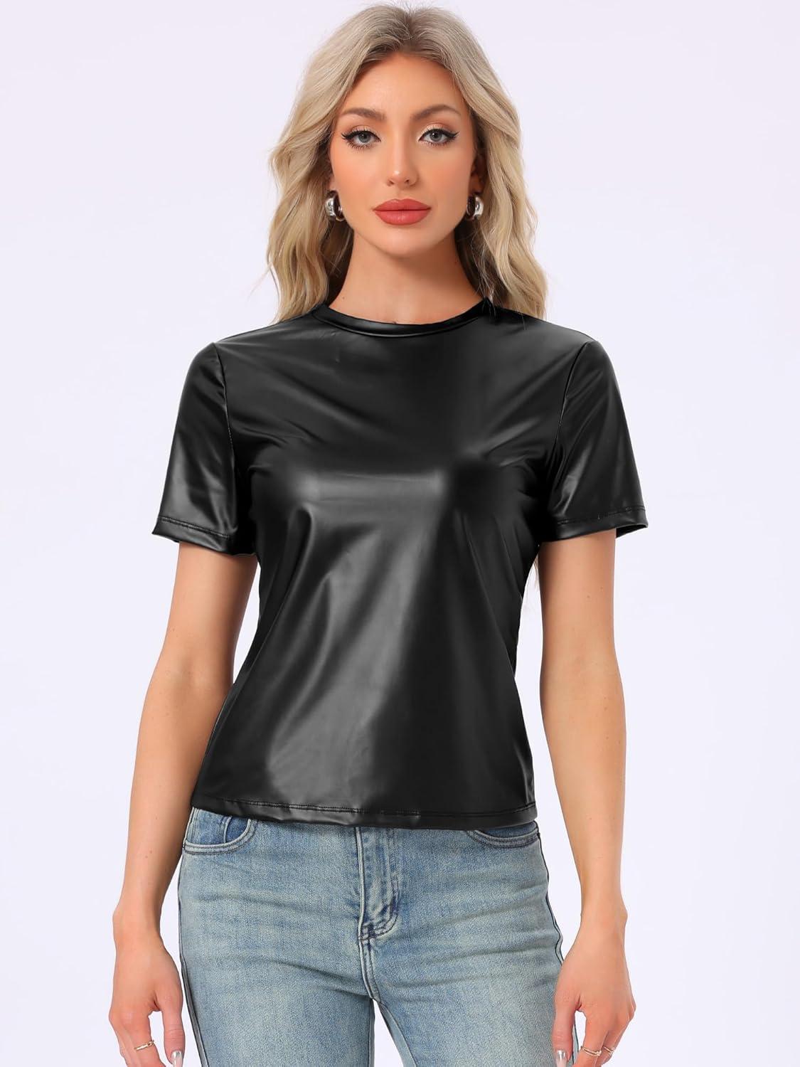 imageAllegra K Womens 80s Disco Outfit Party Club Sparkly Rainbow Metallic TopBlack
