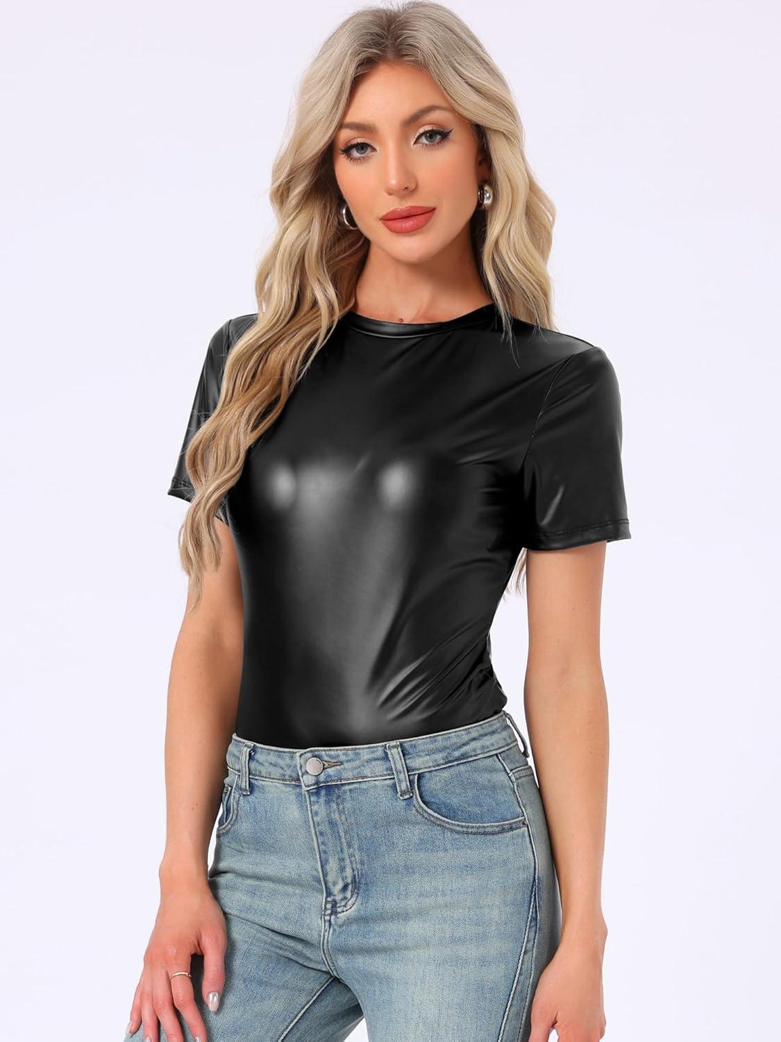 imageAllegra K Womens 80s Disco Outfit Party Club Sparkly Rainbow Metallic TopBlack