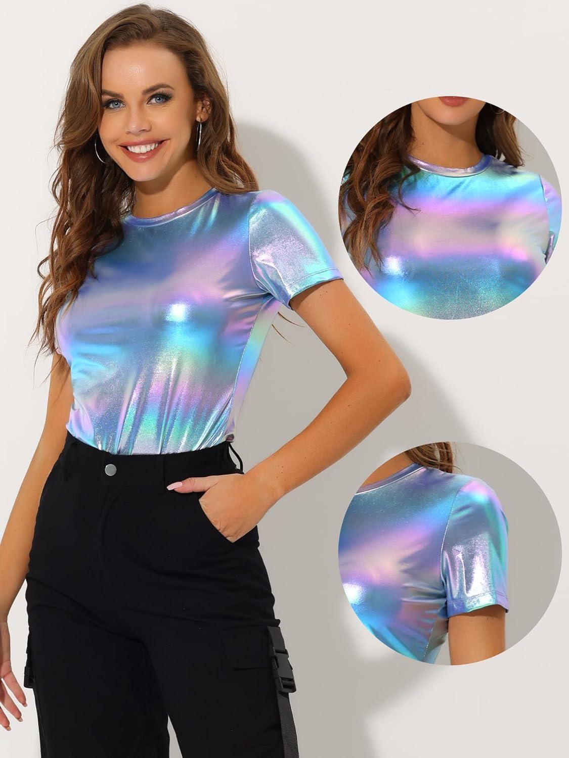 imageAllegra K Womens 80s Disco Outfit Party Club Sparkly Rainbow Metallic TopBlue