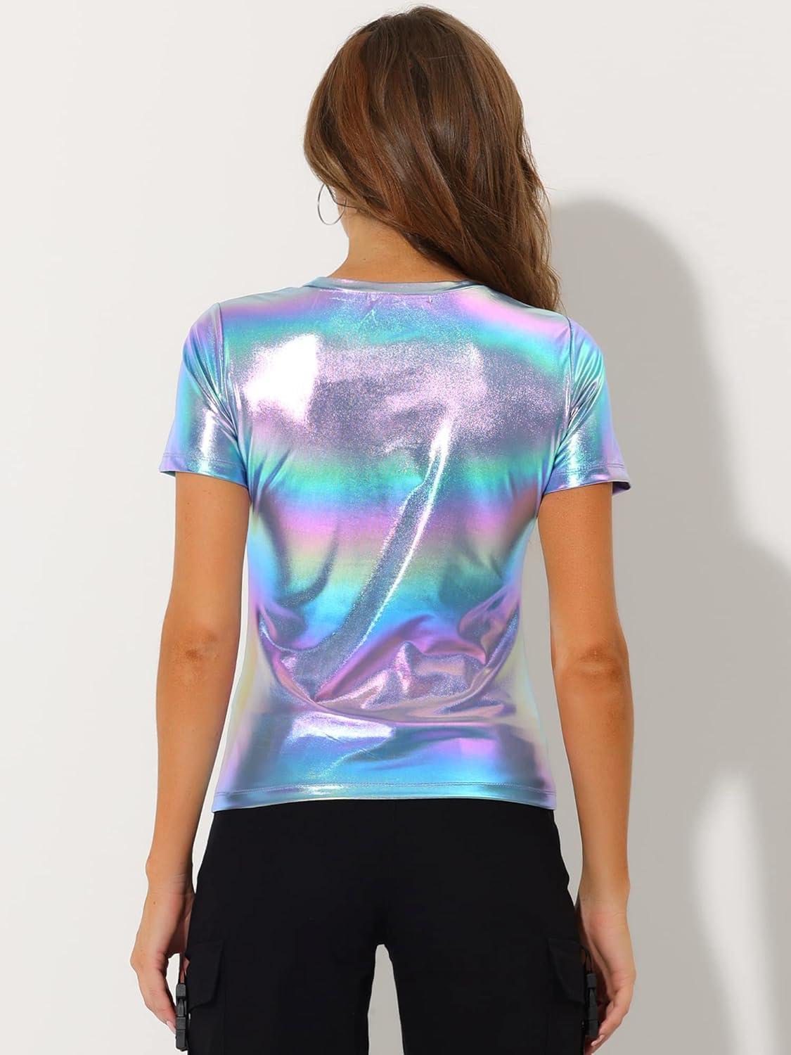 imageAllegra K Womens 80s Disco Outfit Party Club Sparkly Rainbow Metallic TopBlue