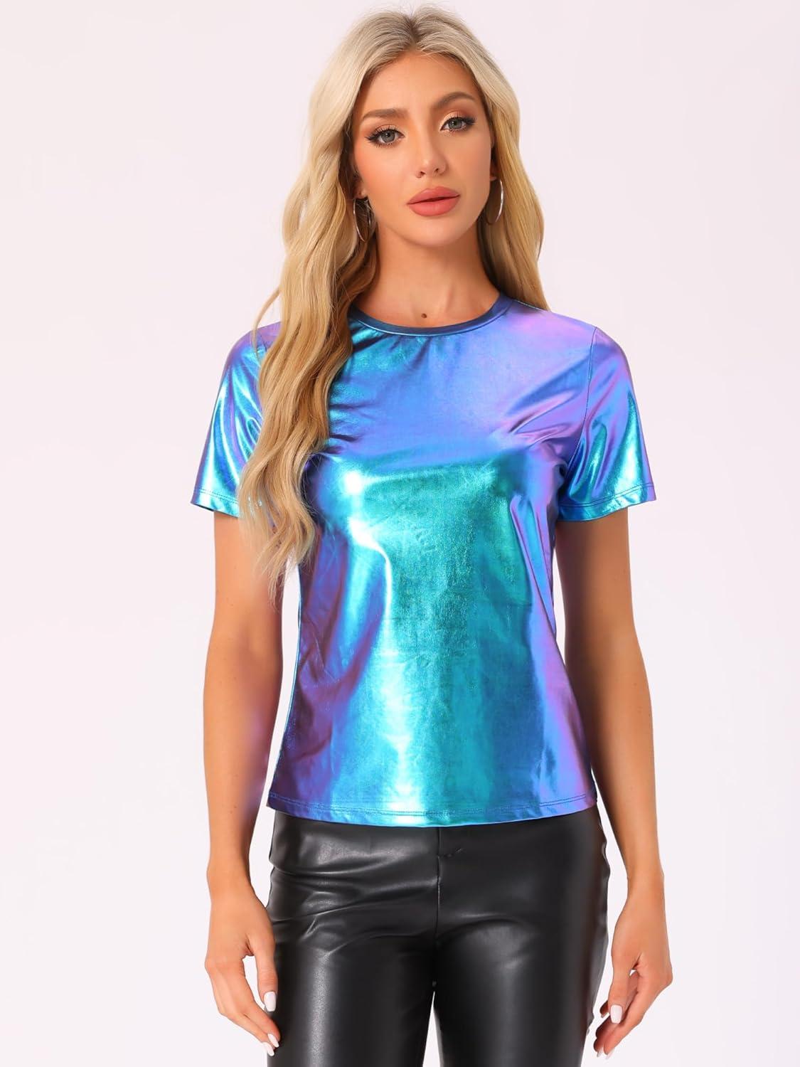 imageAllegra K Womens 80s Disco Outfit Party Club Sparkly Rainbow Metallic TopBlue Green