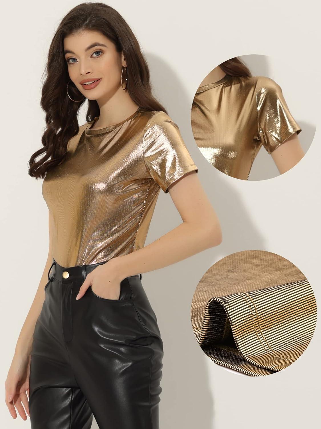 imageAllegra K Womens 80s Disco Outfit Party Club Sparkly Rainbow Metallic TopBrown Gold