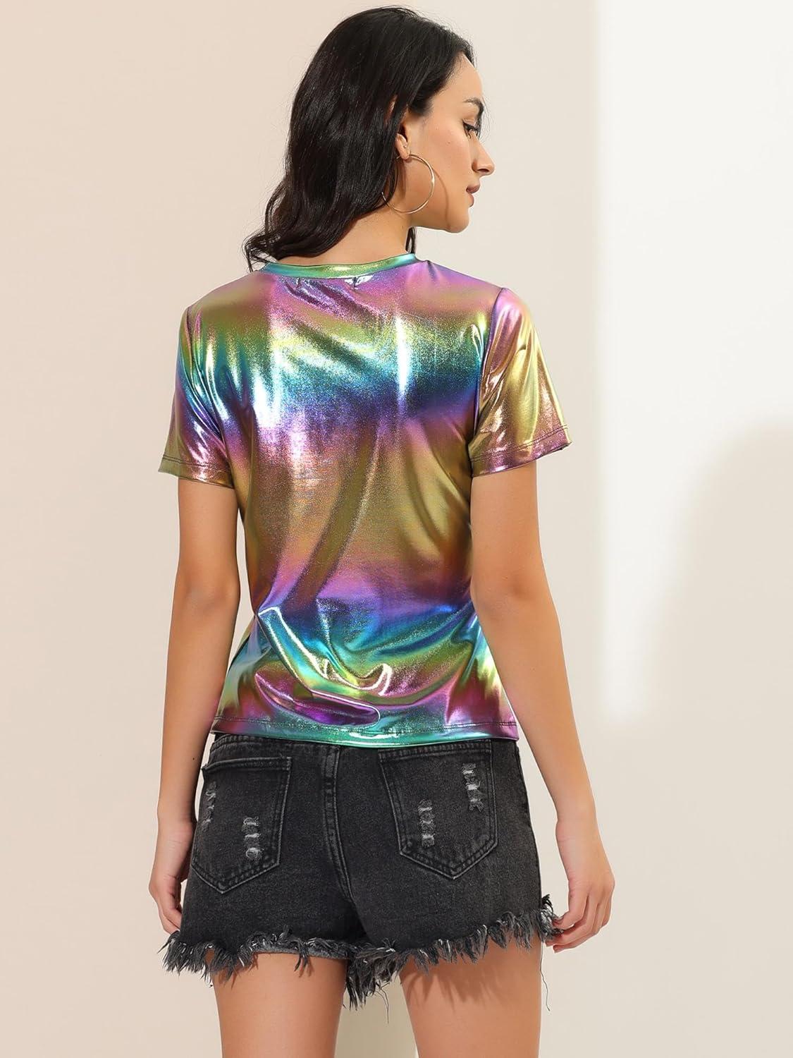 imageAllegra K Womens 80s Disco Outfit Party Club Sparkly Rainbow Metallic TopColorful