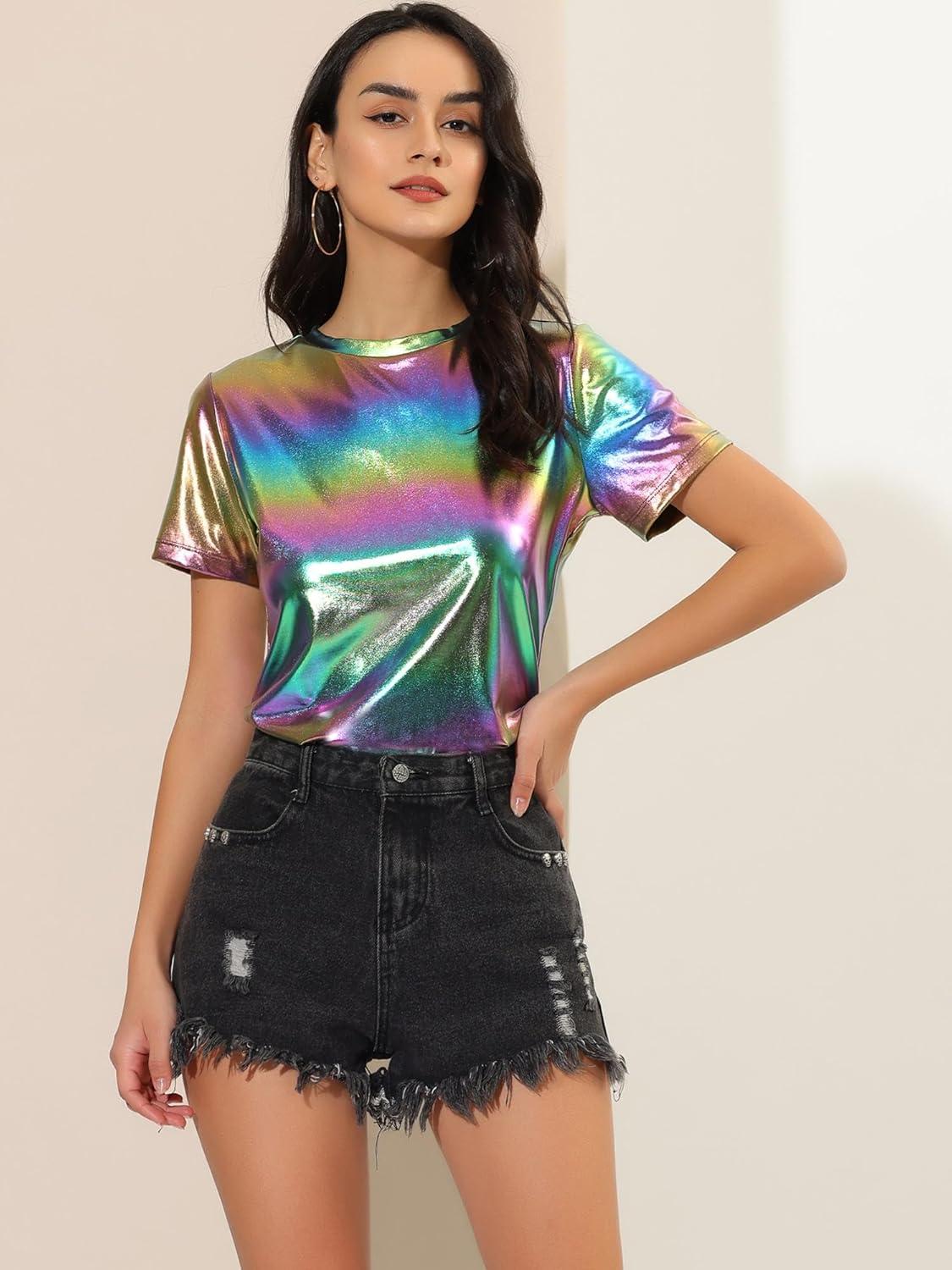 imageAllegra K Womens 80s Disco Outfit Party Club Sparkly Rainbow Metallic TopColorful