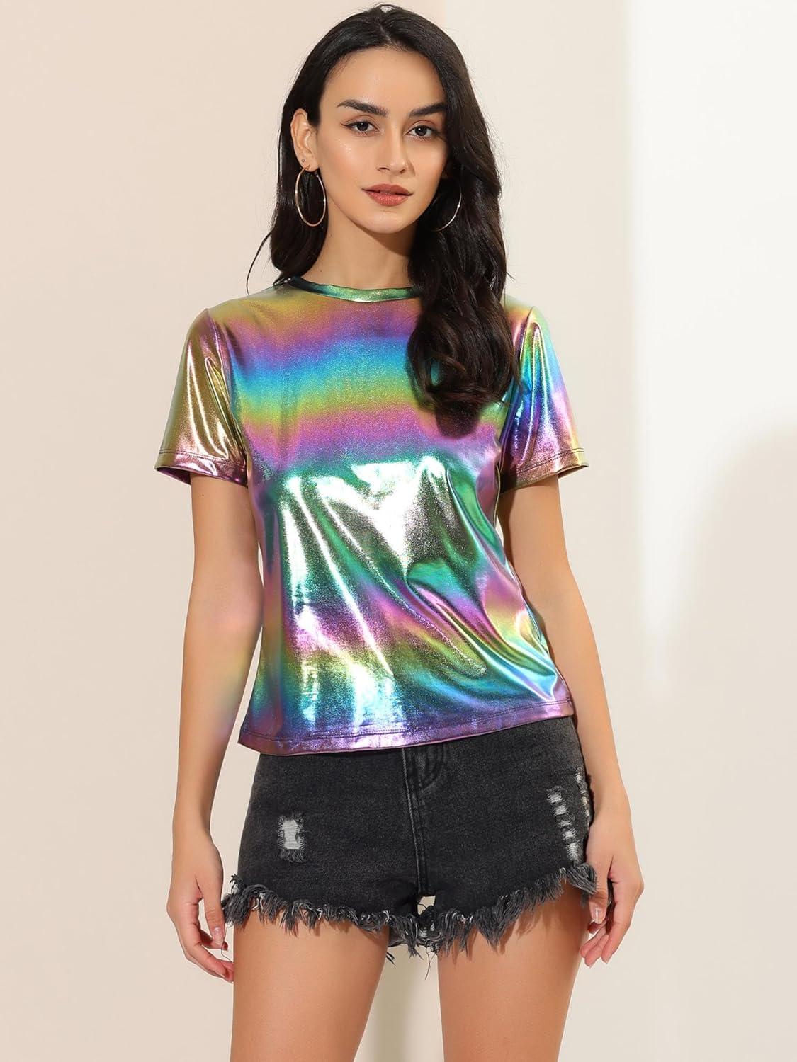 imageAllegra K Womens 80s Disco Outfit Party Club Sparkly Rainbow Metallic TopColorful