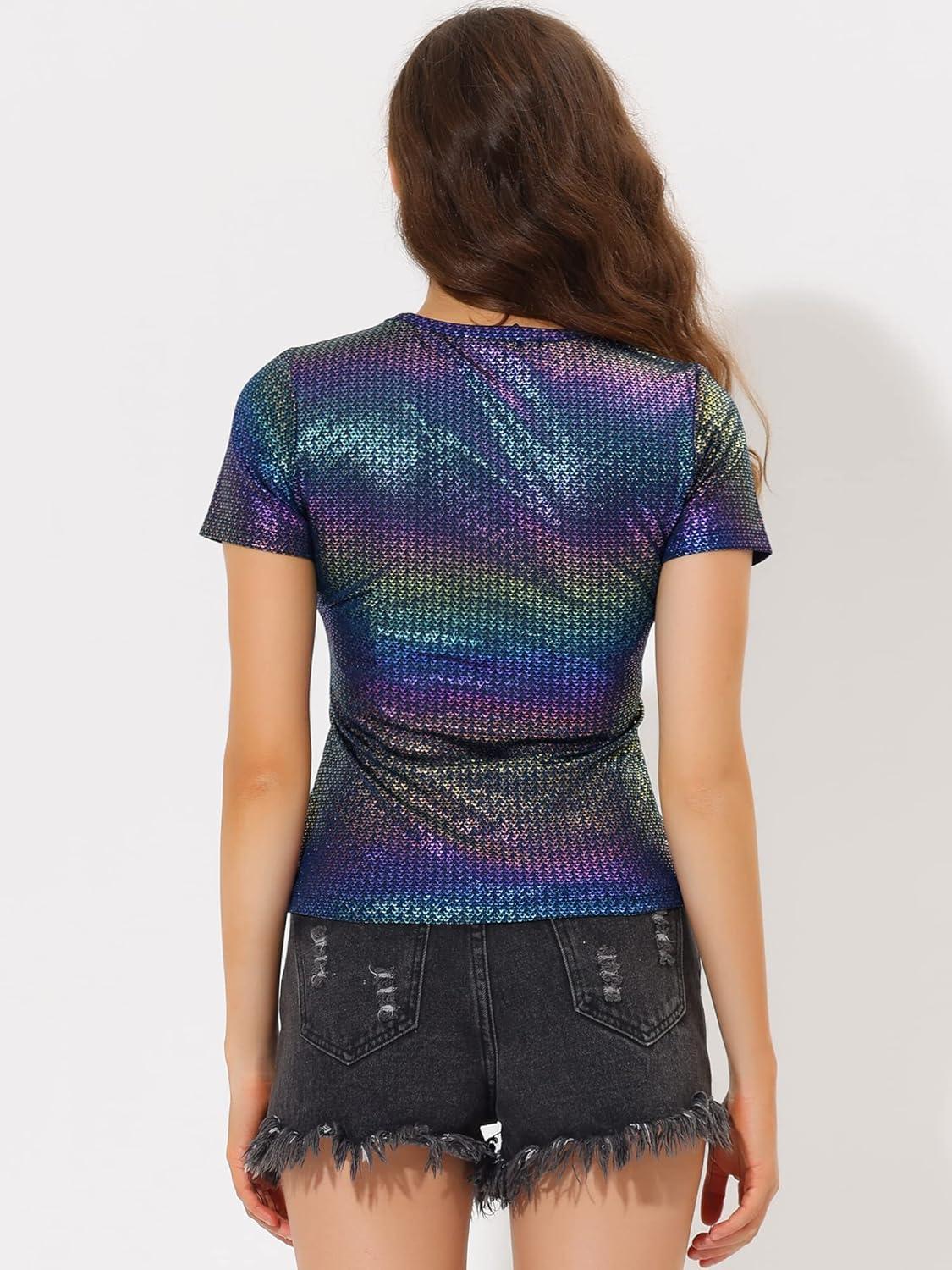 imageAllegra K Womens 80s Disco Outfit Party Club Sparkly Rainbow Metallic TopDark Blue