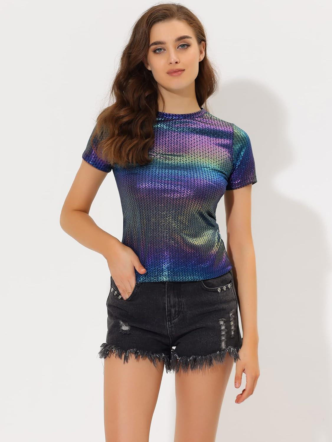 imageAllegra K Womens 80s Disco Outfit Party Club Sparkly Rainbow Metallic TopDark Blue
