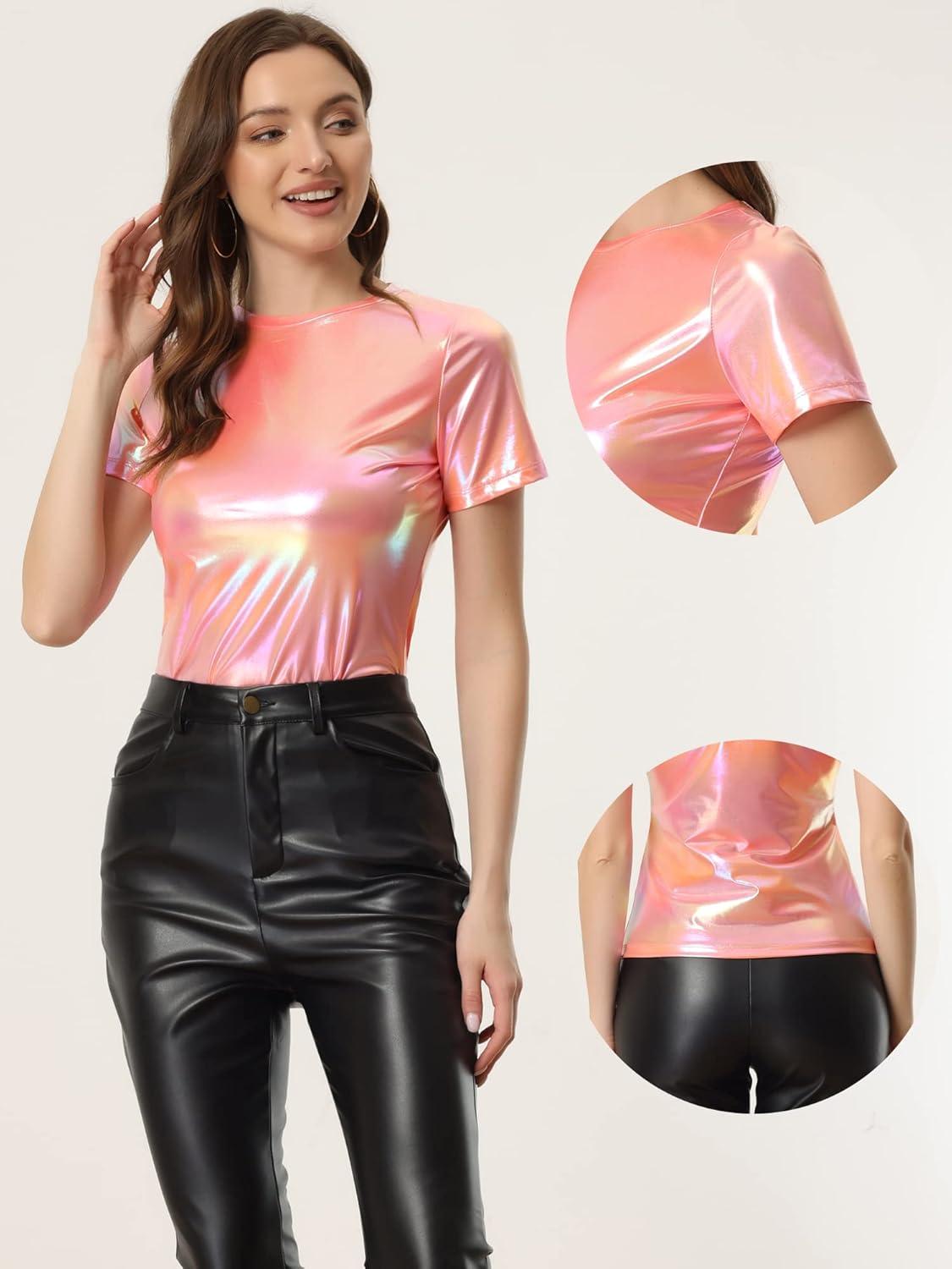 imageAllegra K Womens 80s Disco Outfit Party Club Sparkly Rainbow Metallic TopDark Pink