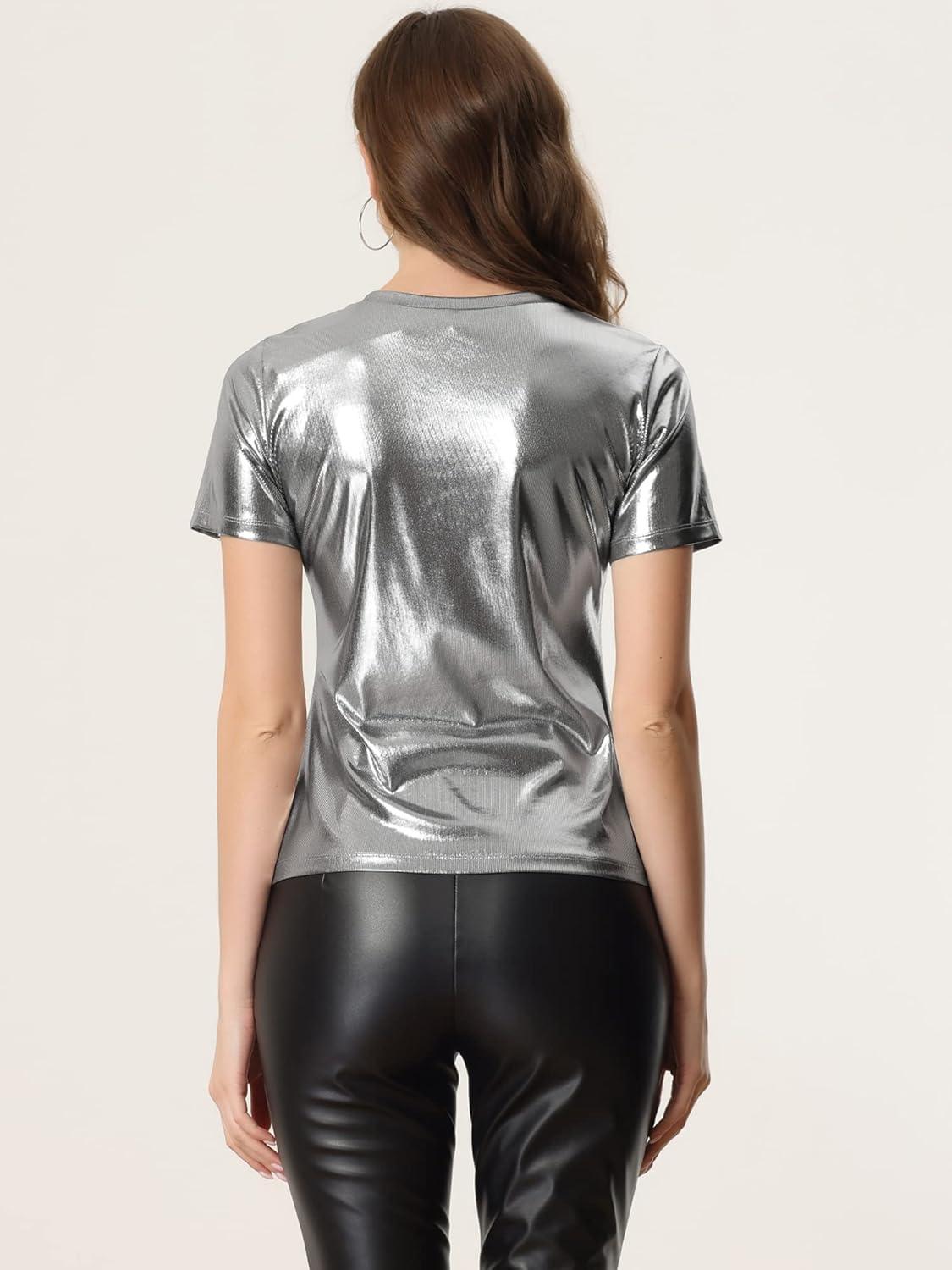 imageAllegra K Womens 80s Disco Outfit Party Club Sparkly Rainbow Metallic TopDark Silver