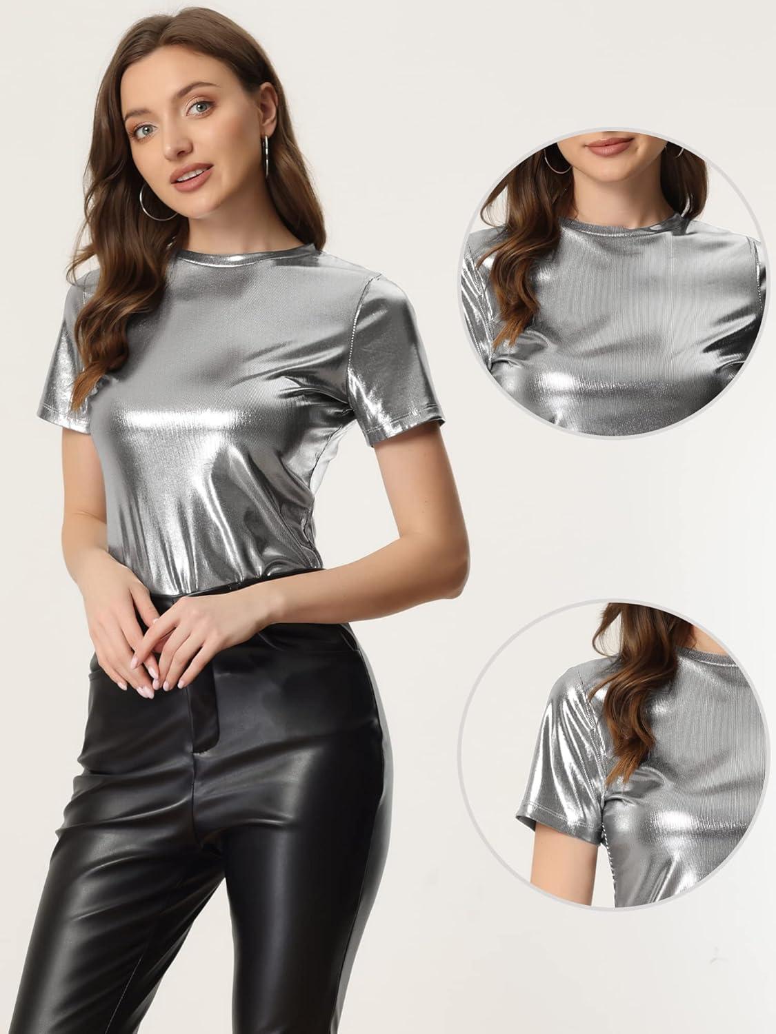 imageAllegra K Womens 80s Disco Outfit Party Club Sparkly Rainbow Metallic TopDark Silver