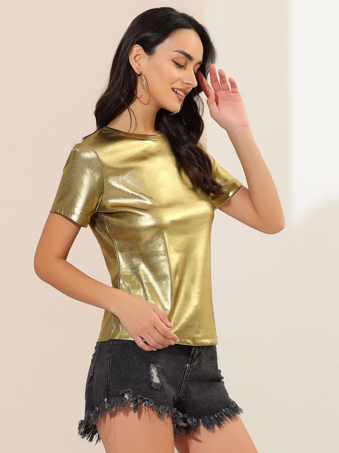 imageAllegra K Womens 80s Disco Outfit Party Club Sparkly Rainbow Metallic TopGold