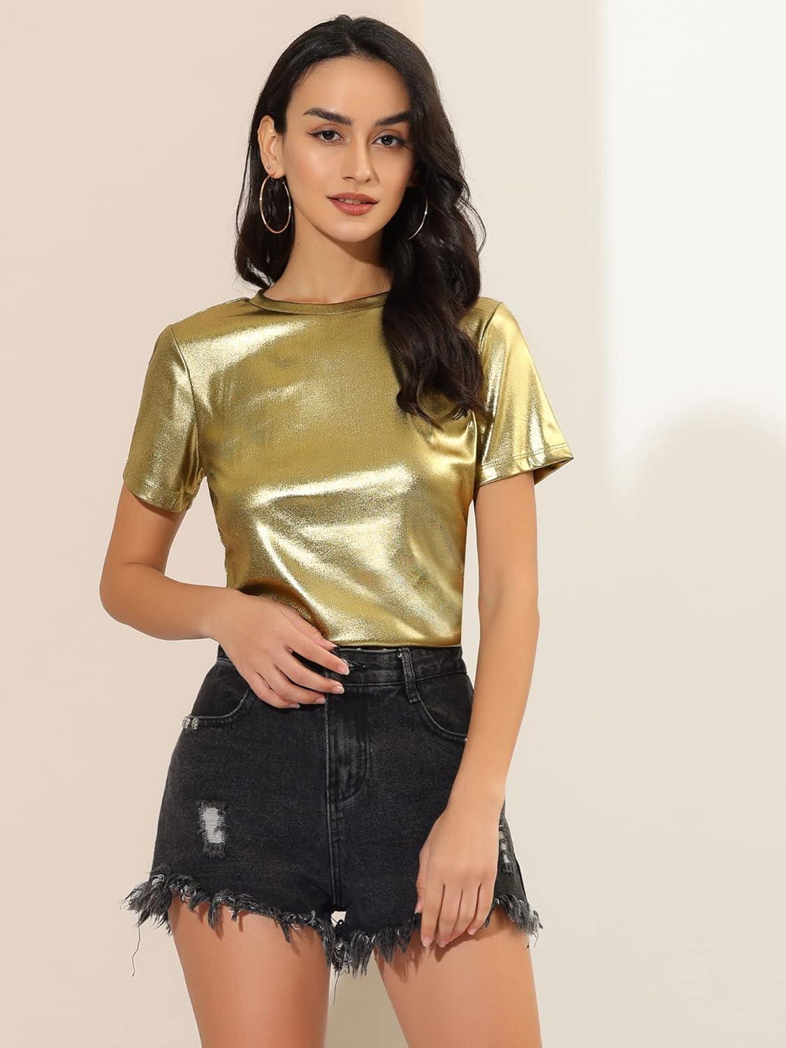 imageAllegra K Womens 80s Disco Outfit Party Club Sparkly Rainbow Metallic TopGold