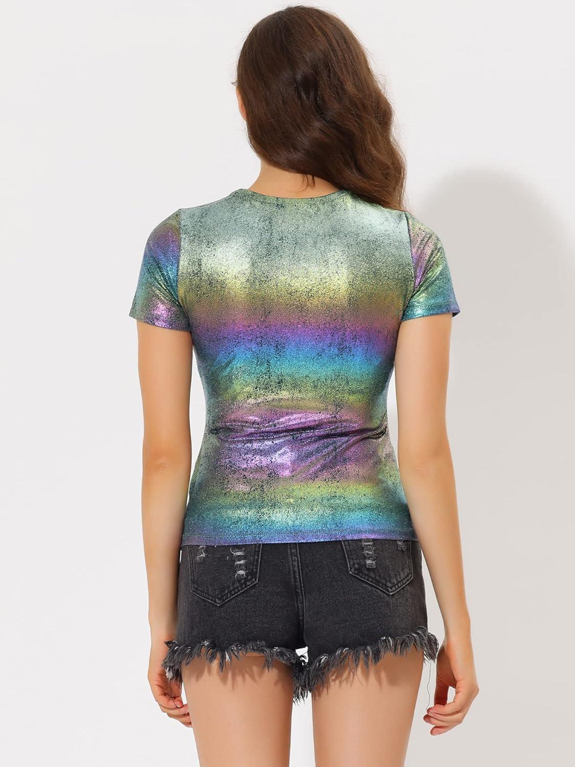 imageAllegra K Womens 80s Disco Outfit Party Club Sparkly Rainbow Metallic TopGreen