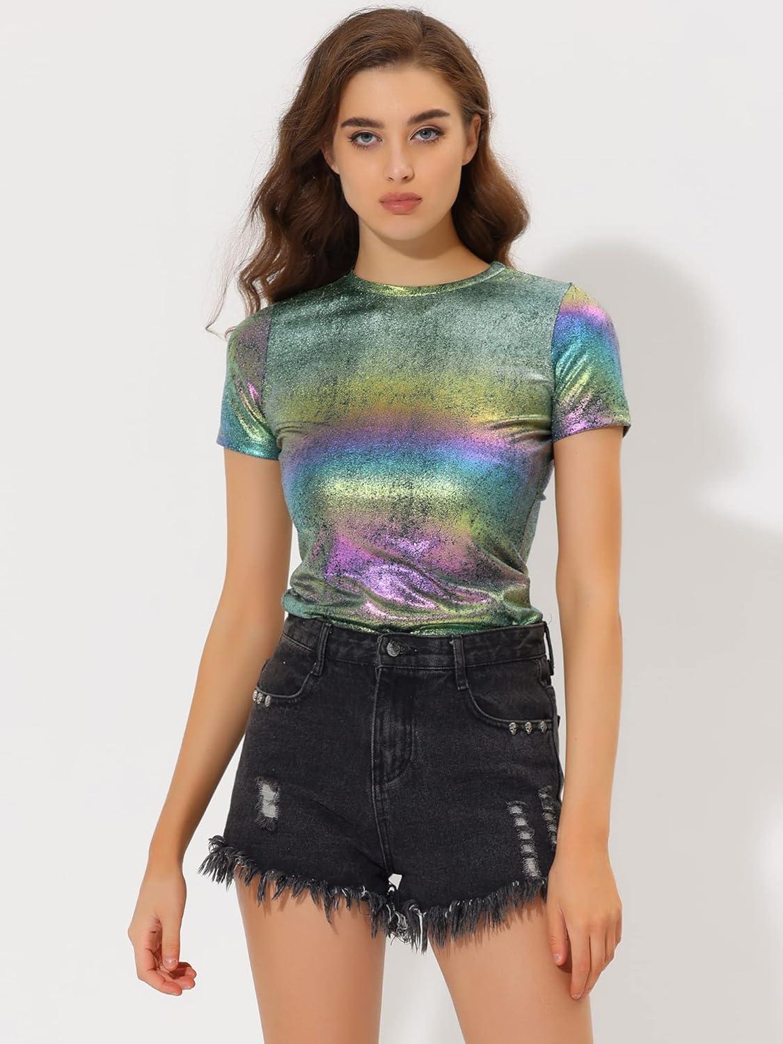 imageAllegra K Womens 80s Disco Outfit Party Club Sparkly Rainbow Metallic TopGreen