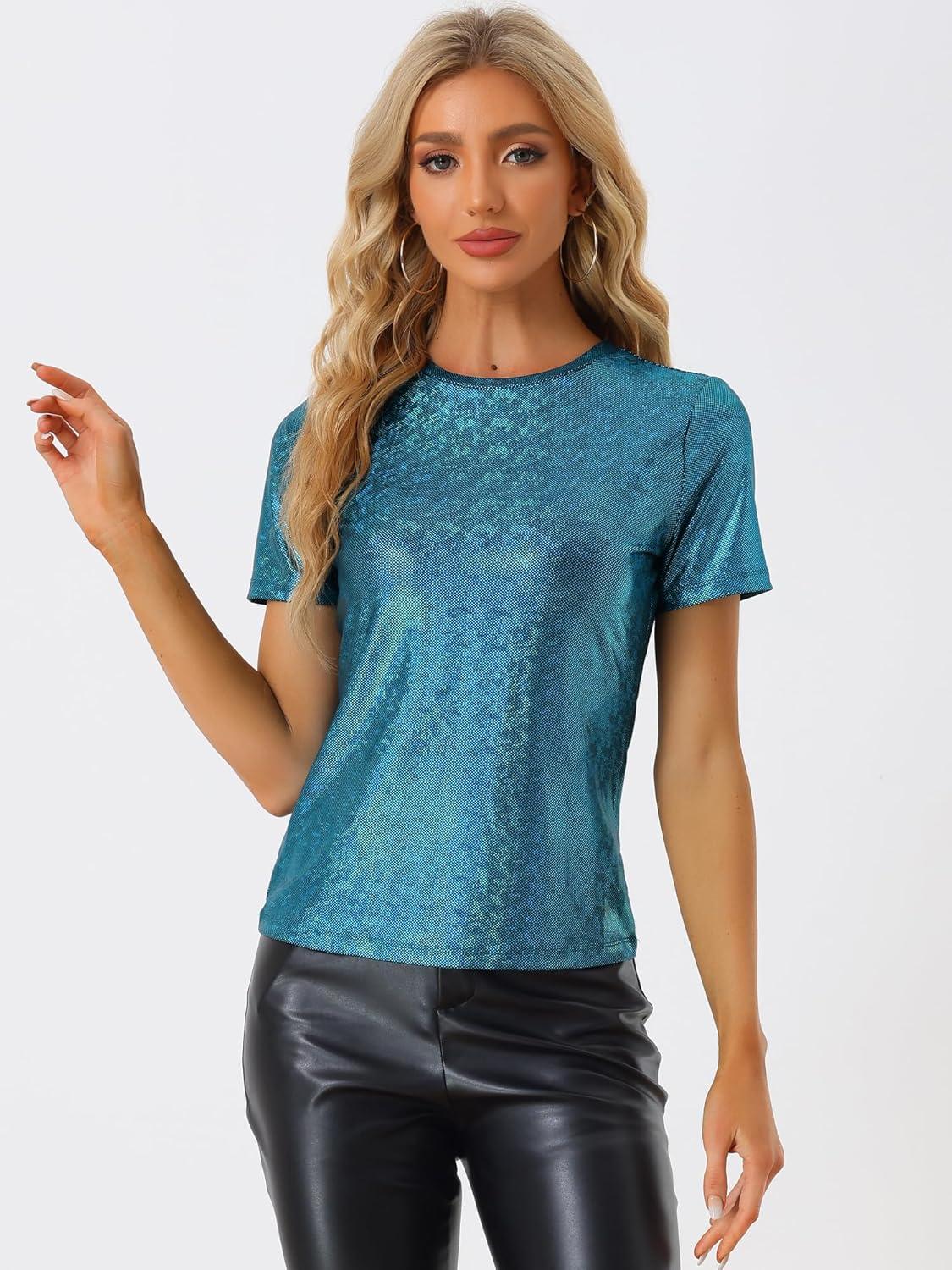 imageAllegra K Womens 80s Disco Outfit Party Club Sparkly Rainbow Metallic TopGreen Blue