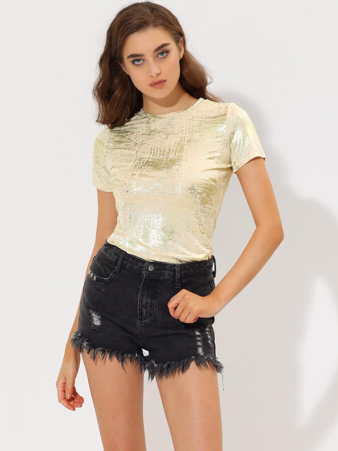 imageAllegra K Womens 80s Disco Outfit Party Club Sparkly Rainbow Metallic TopLight Gold