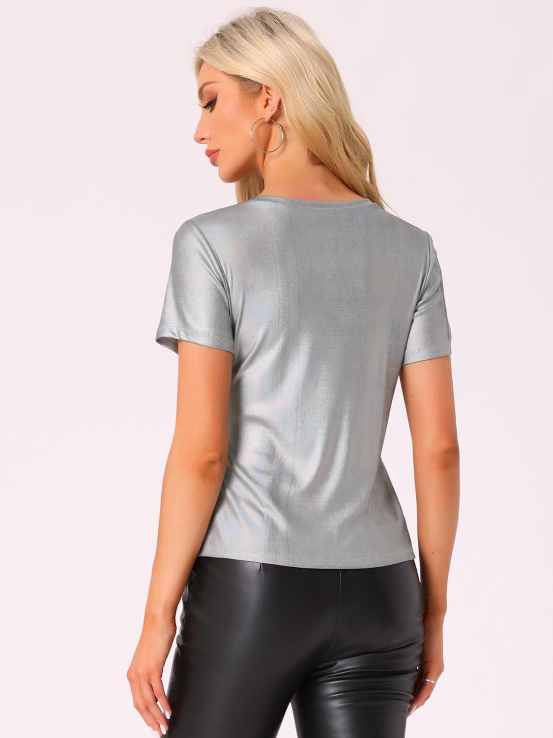 imageAllegra K Womens 80s Disco Outfit Party Club Sparkly Rainbow Metallic TopLight Grey