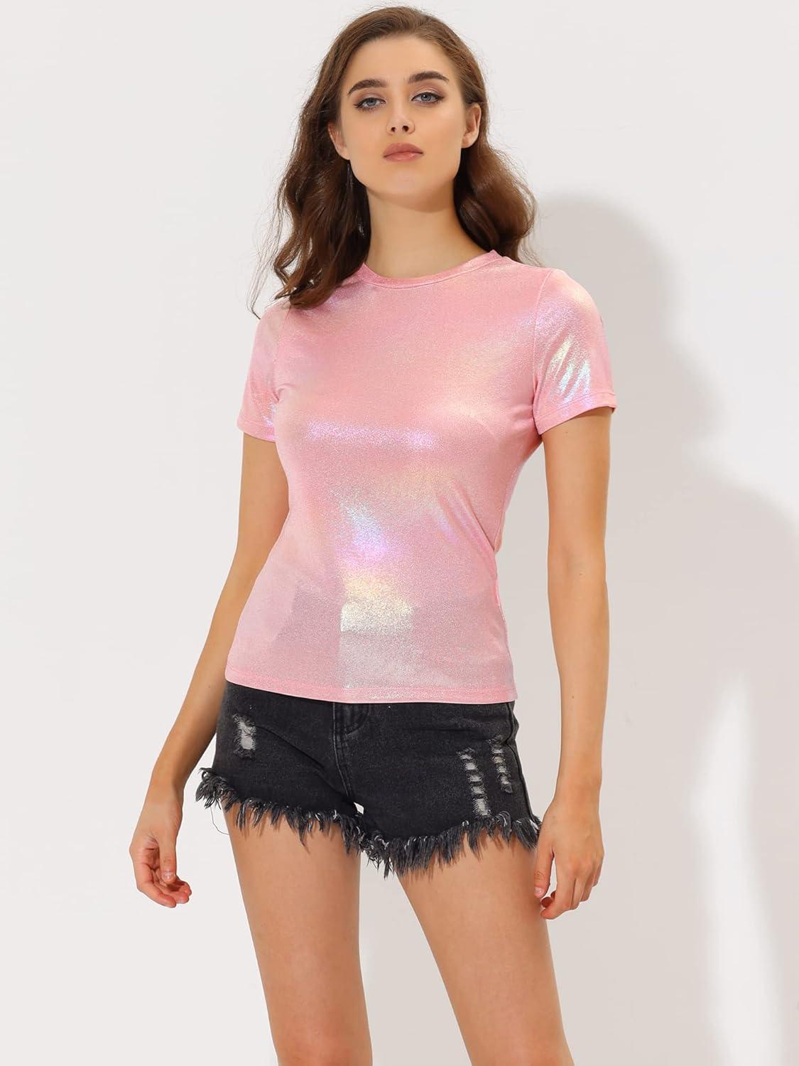 imageAllegra K Womens 80s Disco Outfit Party Club Sparkly Rainbow Metallic TopLight Pink
