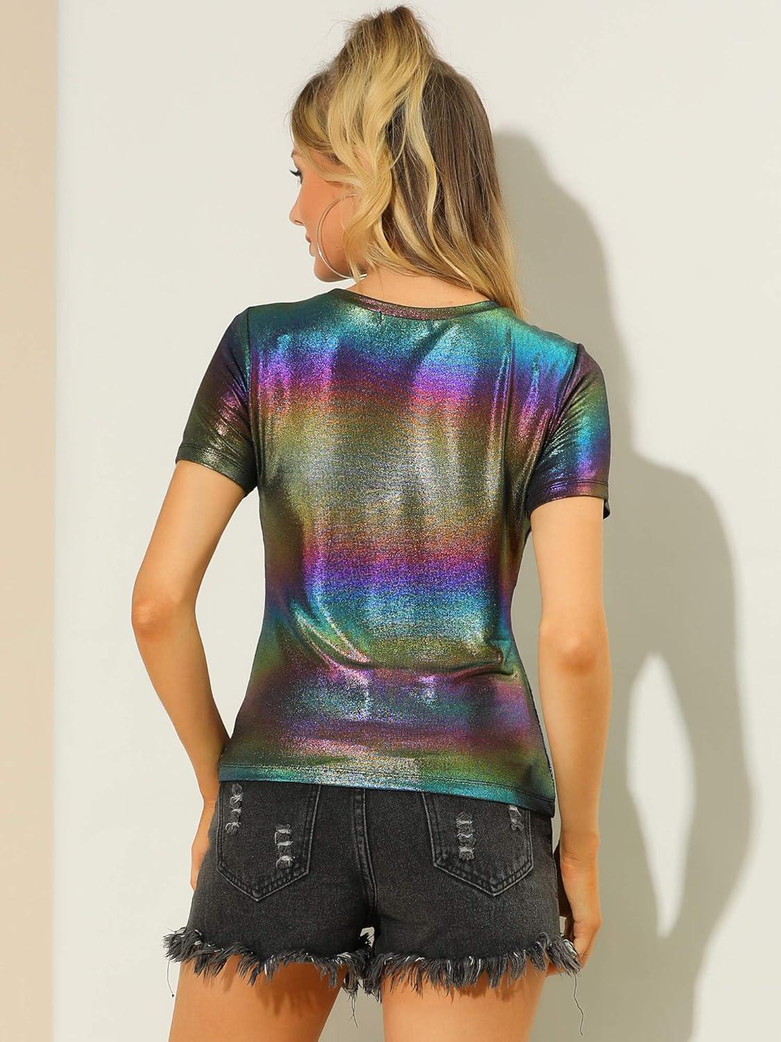 imageAllegra K Womens 80s Disco Outfit Party Club Sparkly Rainbow Metallic TopMulticolor