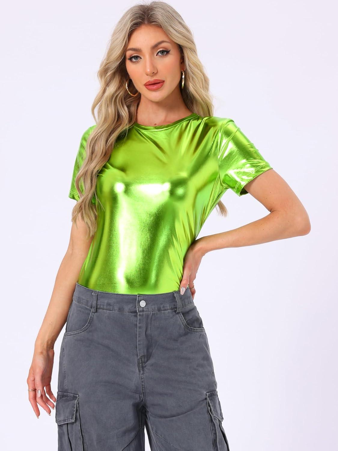 imageAllegra K Womens 80s Disco Outfit Party Club Sparkly Rainbow Metallic TopMustard Green