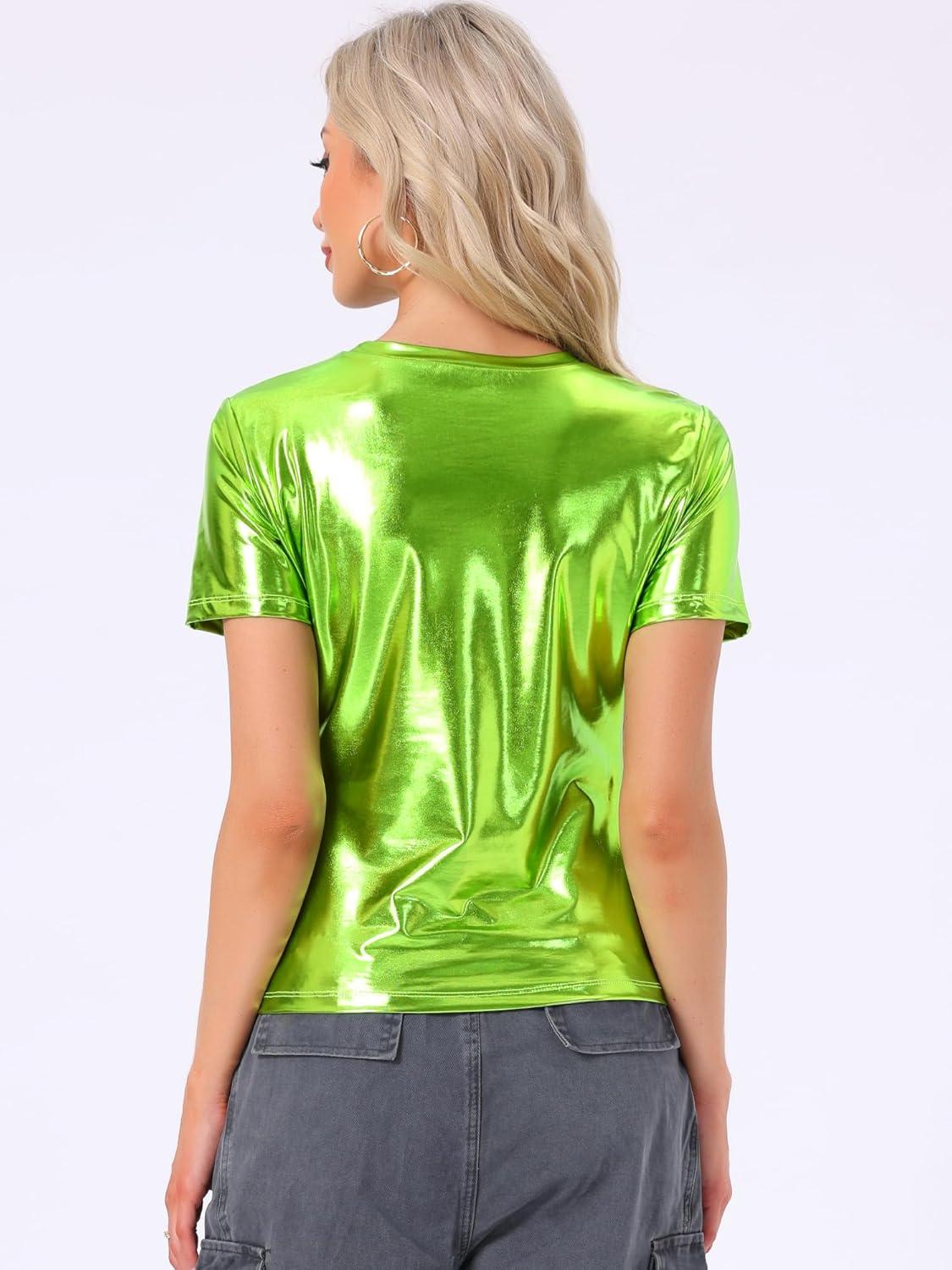 imageAllegra K Womens 80s Disco Outfit Party Club Sparkly Rainbow Metallic TopMustard Green