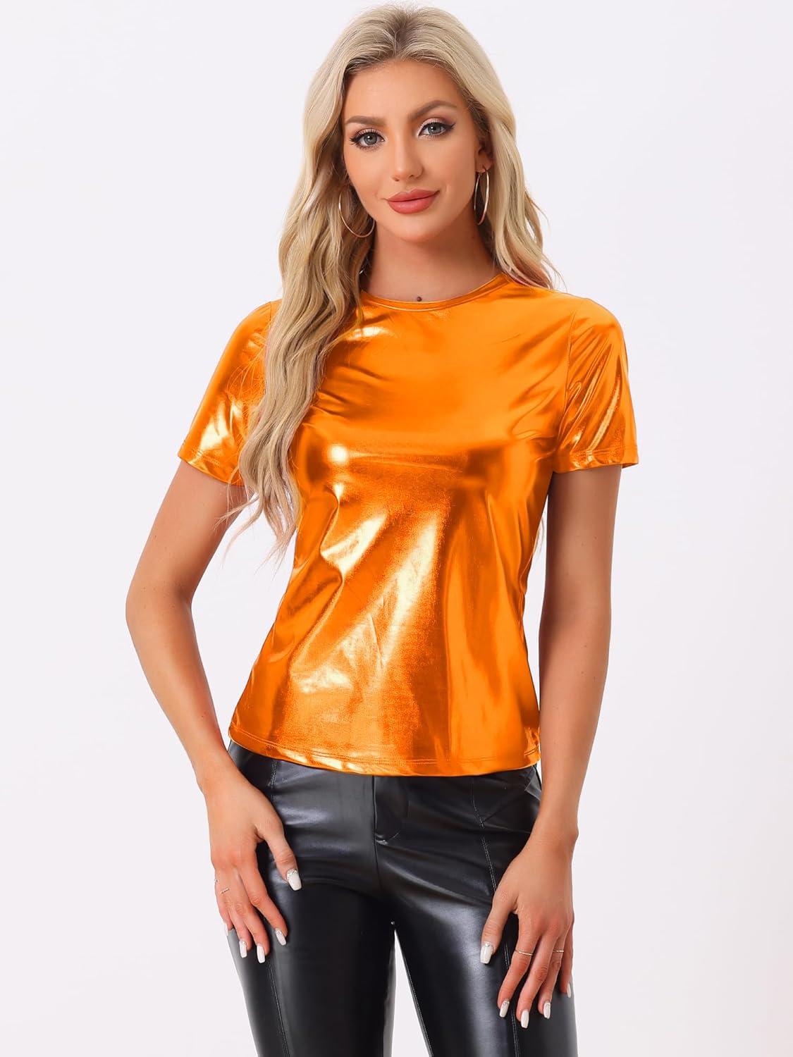 imageAllegra K Womens 80s Disco Outfit Party Club Sparkly Rainbow Metallic TopOrange