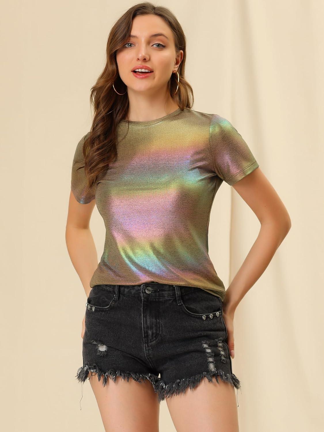 imageAllegra K Womens 80s Disco Outfit Party Club Sparkly Rainbow Metallic TopRainbow
