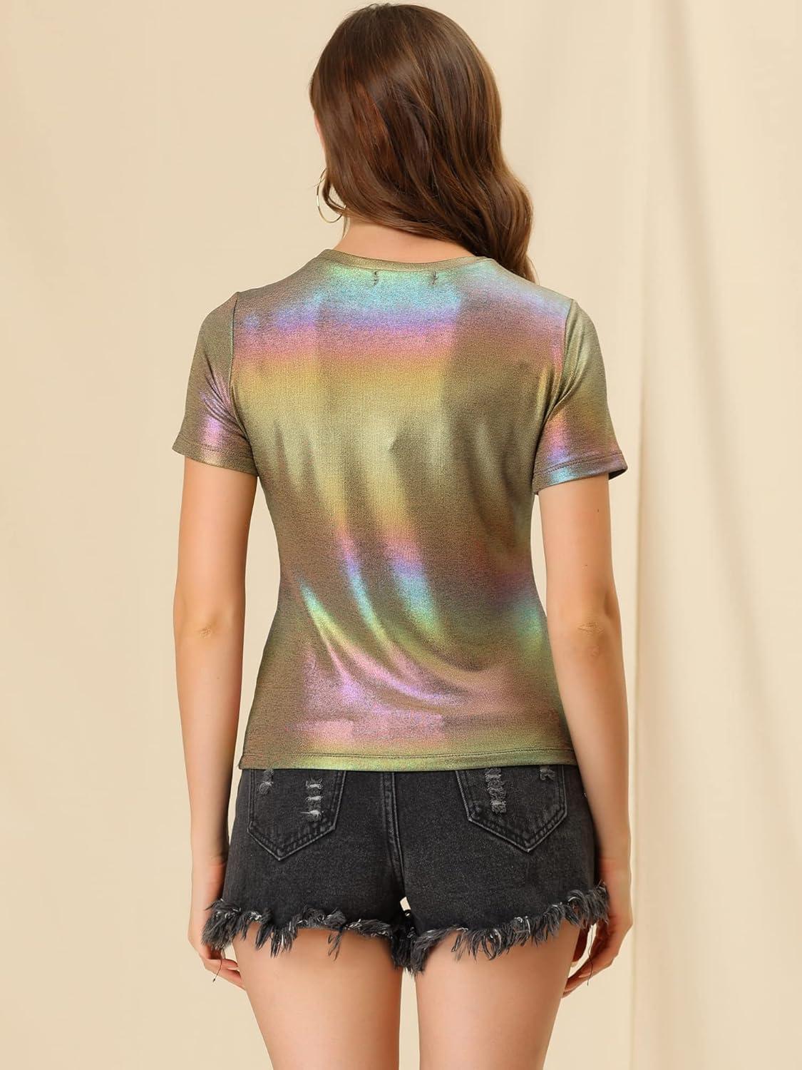 imageAllegra K Womens 80s Disco Outfit Party Club Sparkly Rainbow Metallic TopRainbow