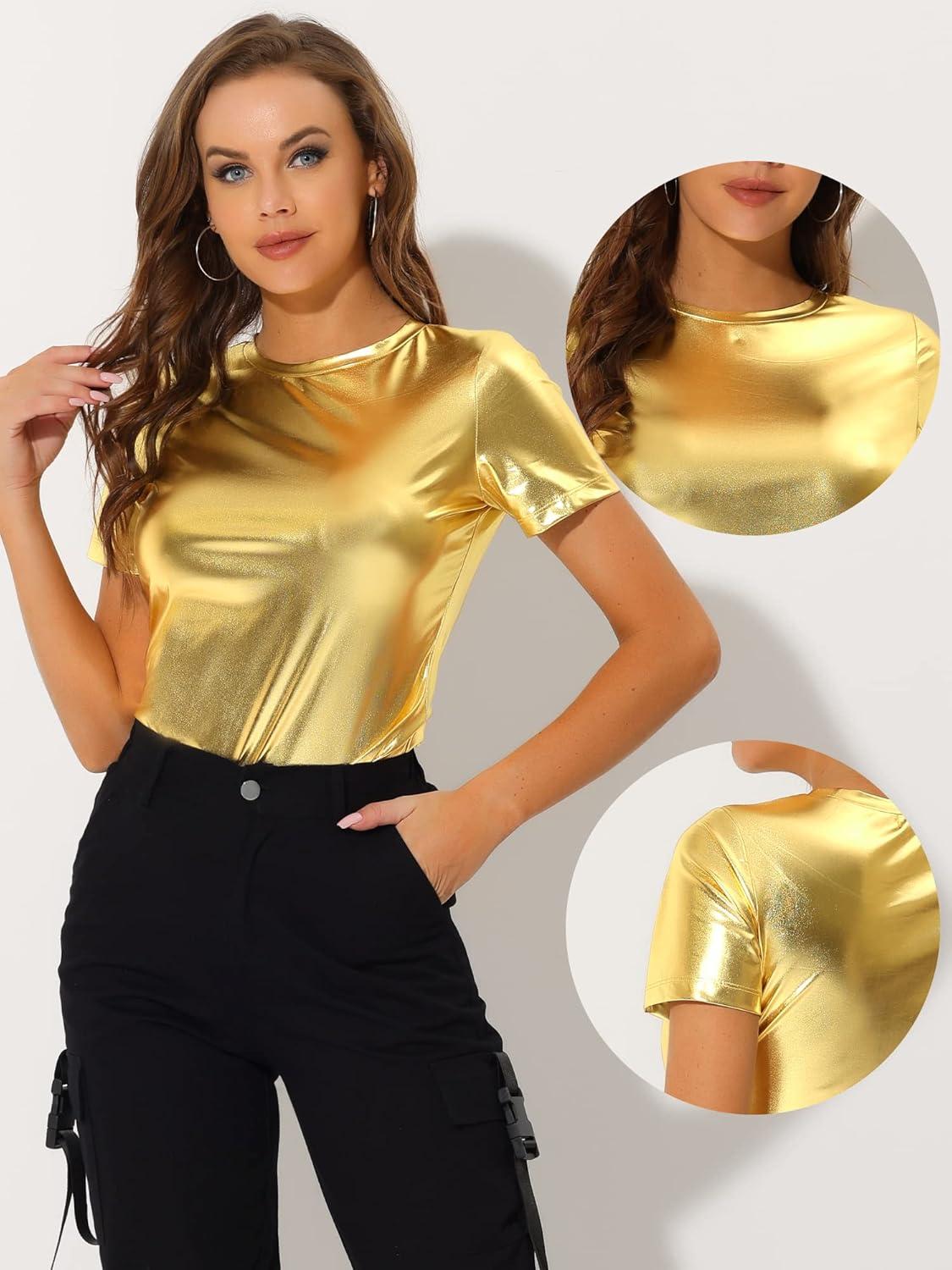 imageAllegra K Womens 80s Disco Outfit Party Club Sparkly Rainbow Metallic TopShiny Gold