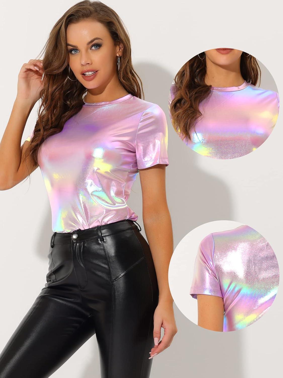 imageAllegra K Womens 80s Disco Outfit Party Club Sparkly Rainbow Metallic TopShiny Pink