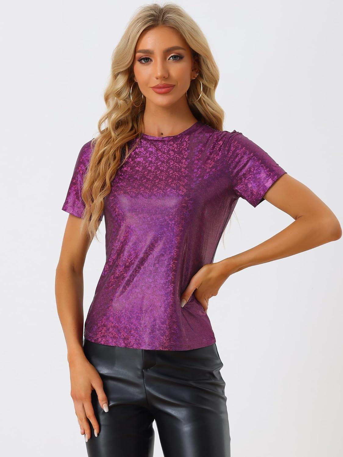 imageAllegra K Womens 80s Disco Outfit Party Club Sparkly Rainbow Metallic TopShiny Purple Red