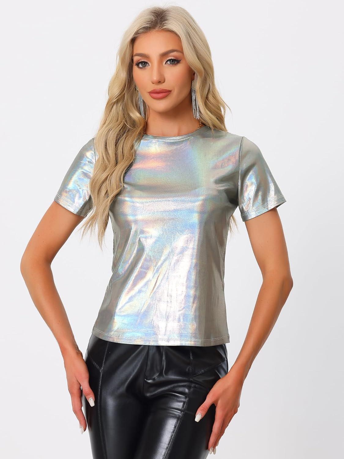 imageAllegra K Womens 80s Disco Outfit Party Club Sparkly Rainbow Metallic TopShiny Silver