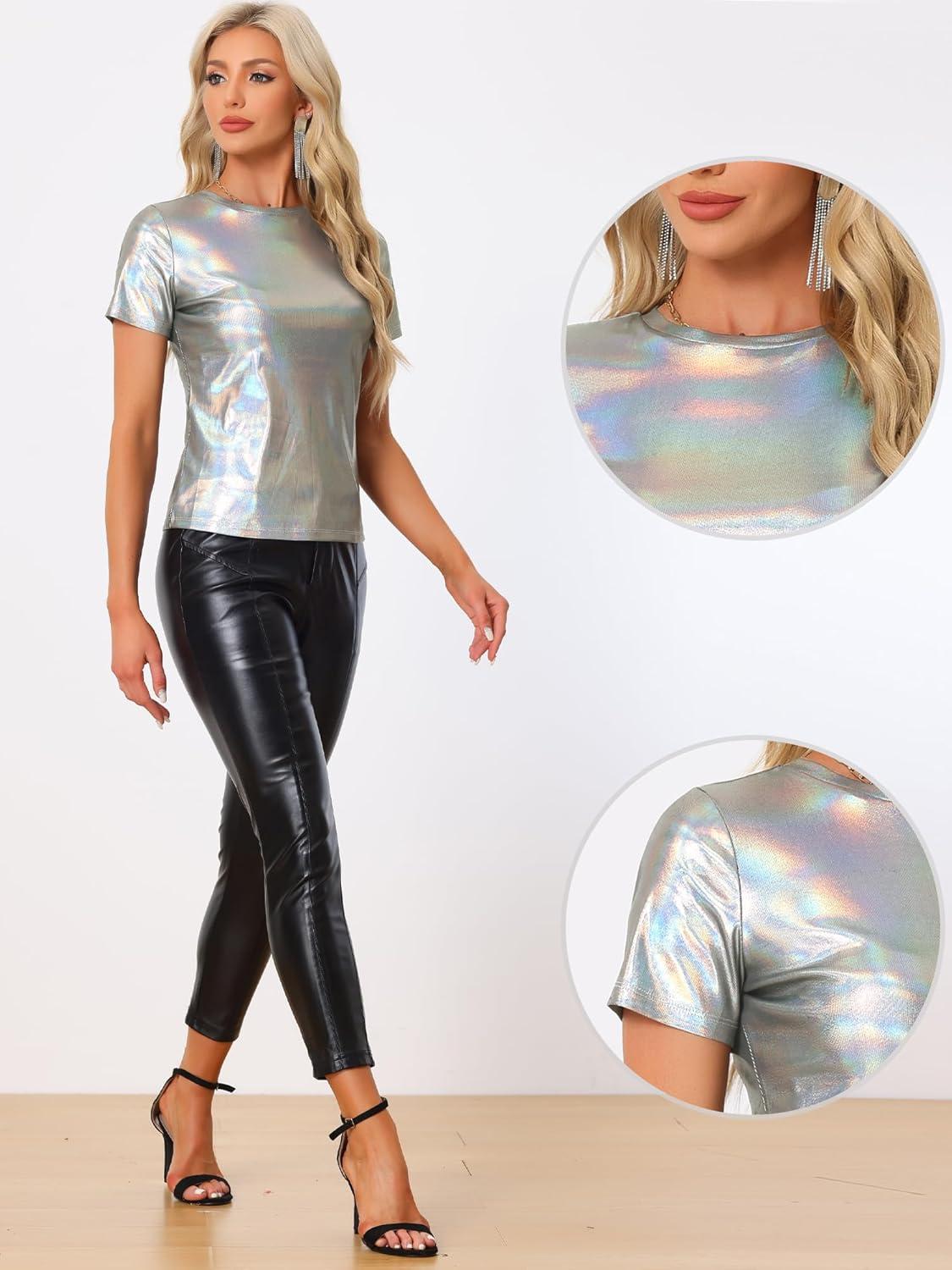 imageAllegra K Womens 80s Disco Outfit Party Club Sparkly Rainbow Metallic TopShiny Silver