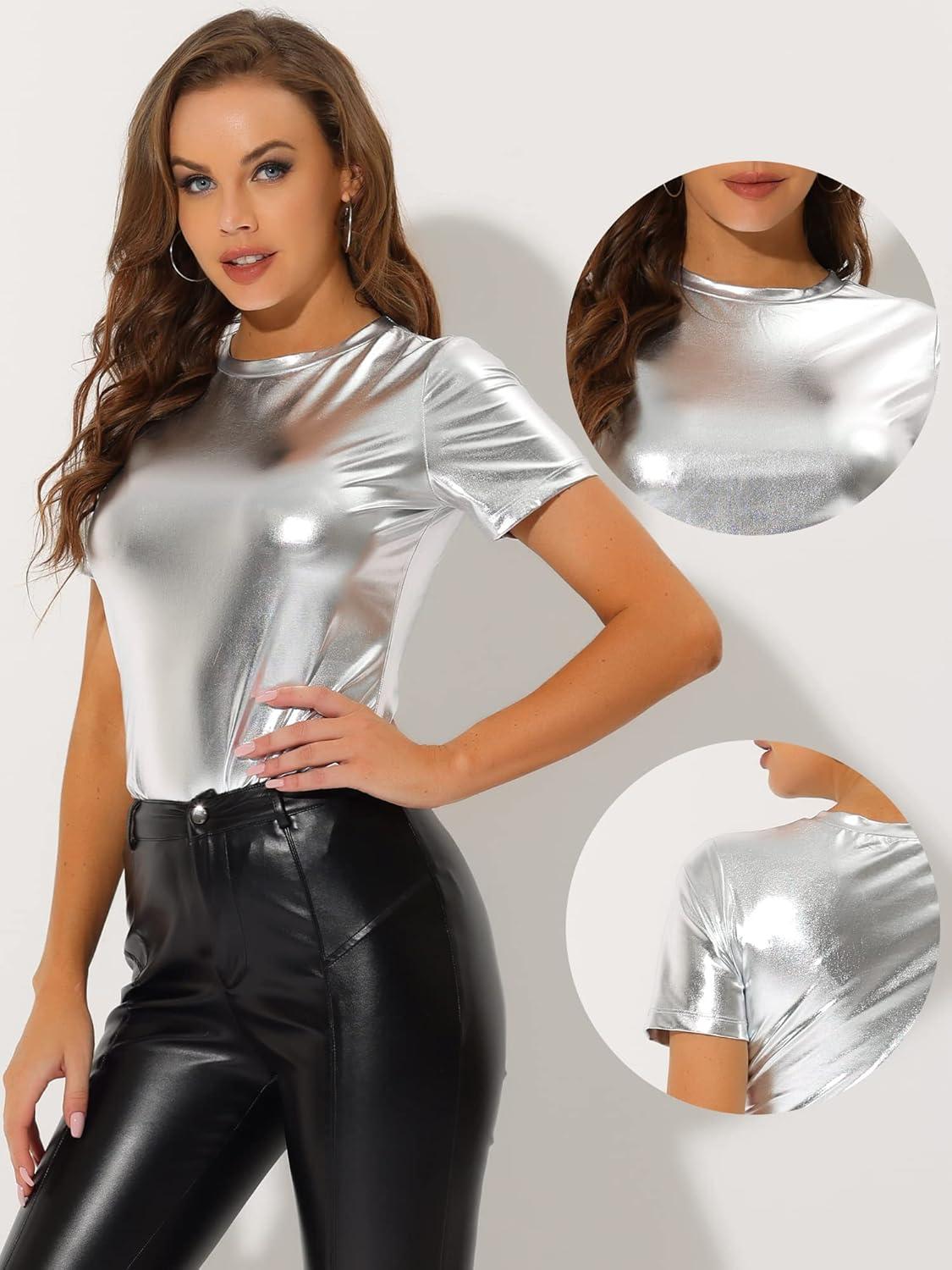 imageAllegra K Womens 80s Disco Outfit Party Club Sparkly Rainbow Metallic TopSilver