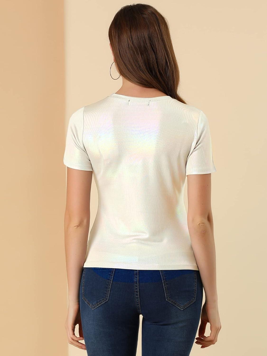 imageAllegra K Womens 80s Disco Outfit Party Club Sparkly Rainbow Metallic TopSliver