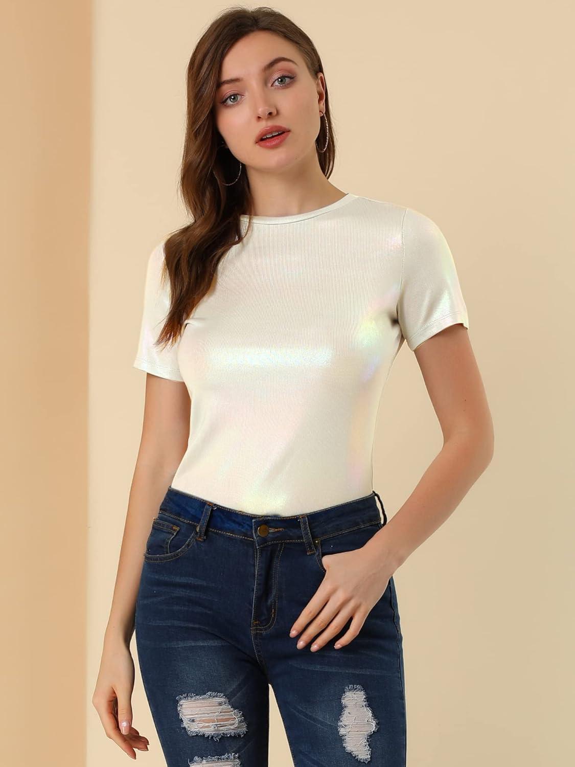 imageAllegra K Womens 80s Disco Outfit Party Club Sparkly Rainbow Metallic TopSliver