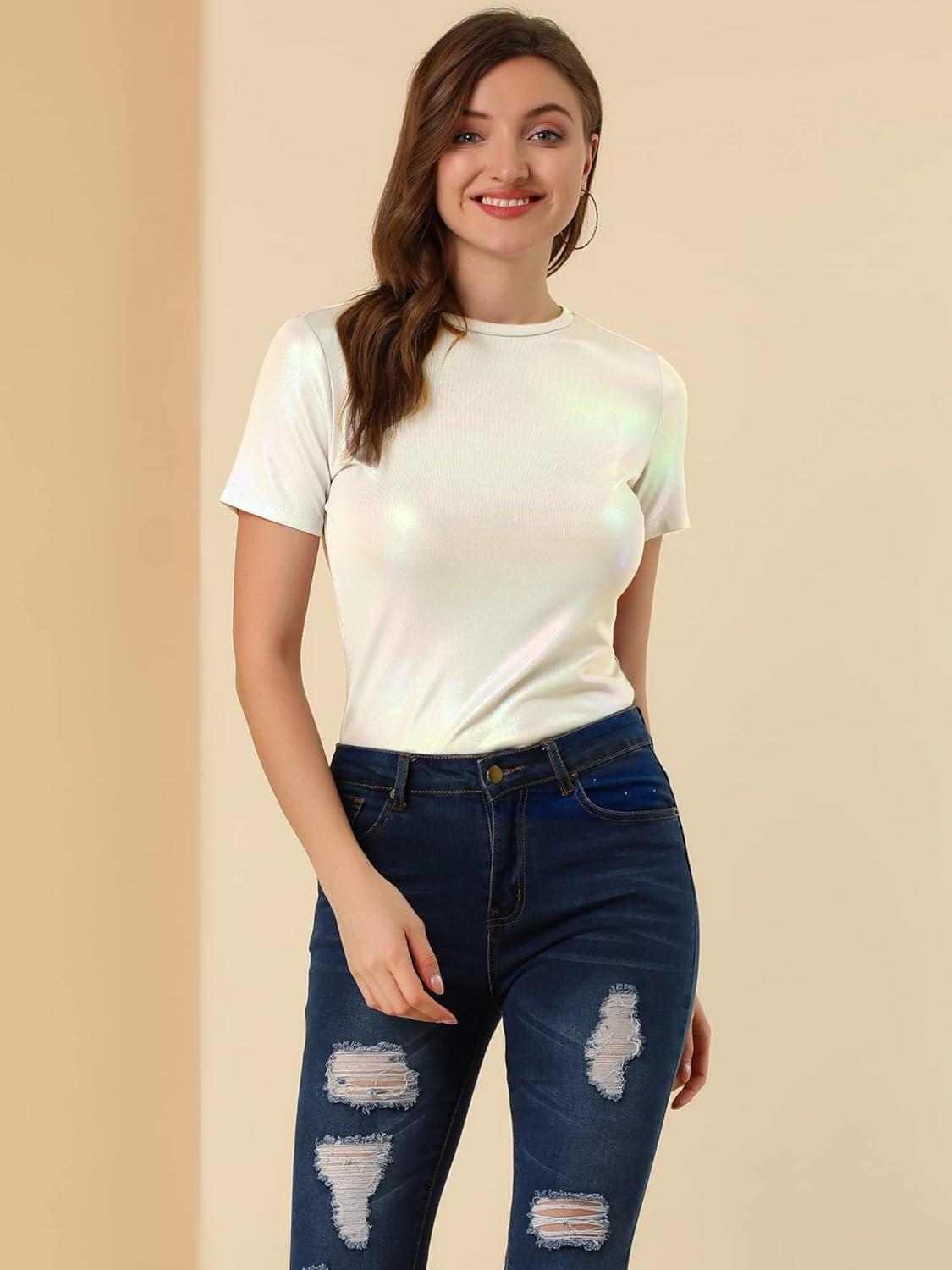 imageAllegra K Womens 80s Disco Outfit Party Club Sparkly Rainbow Metallic TopSliver