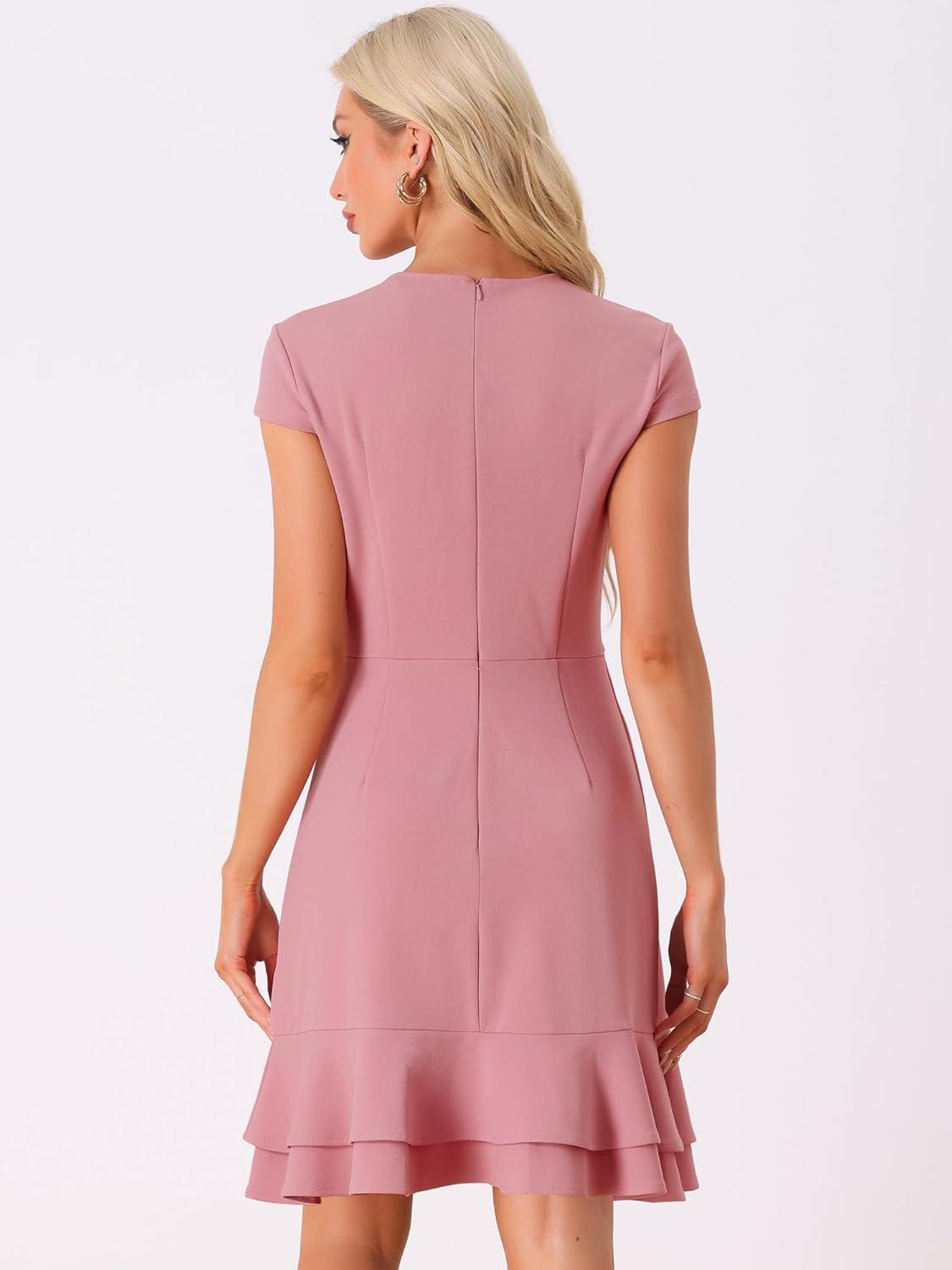 imageAllegra K Womens Cap Sleeves Round Neck Tiered Ruffled Hem Above Knee DressDark Pink