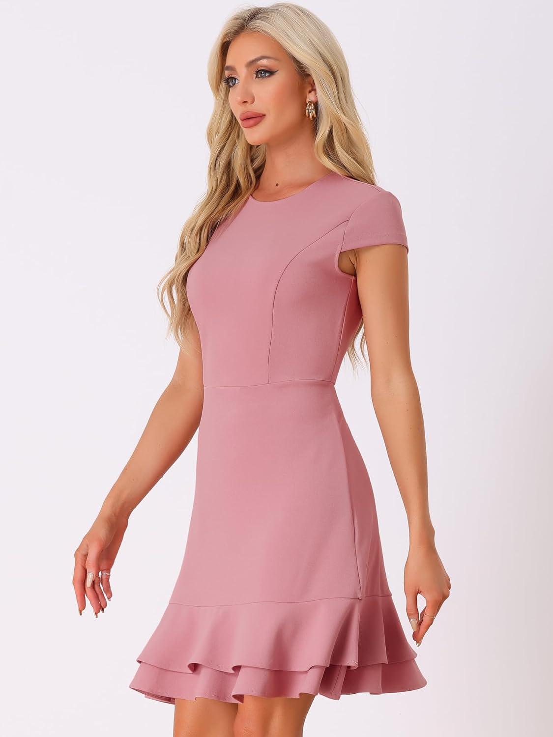 imageAllegra K Womens Cap Sleeves Round Neck Tiered Ruffled Hem Above Knee DressDark Pink