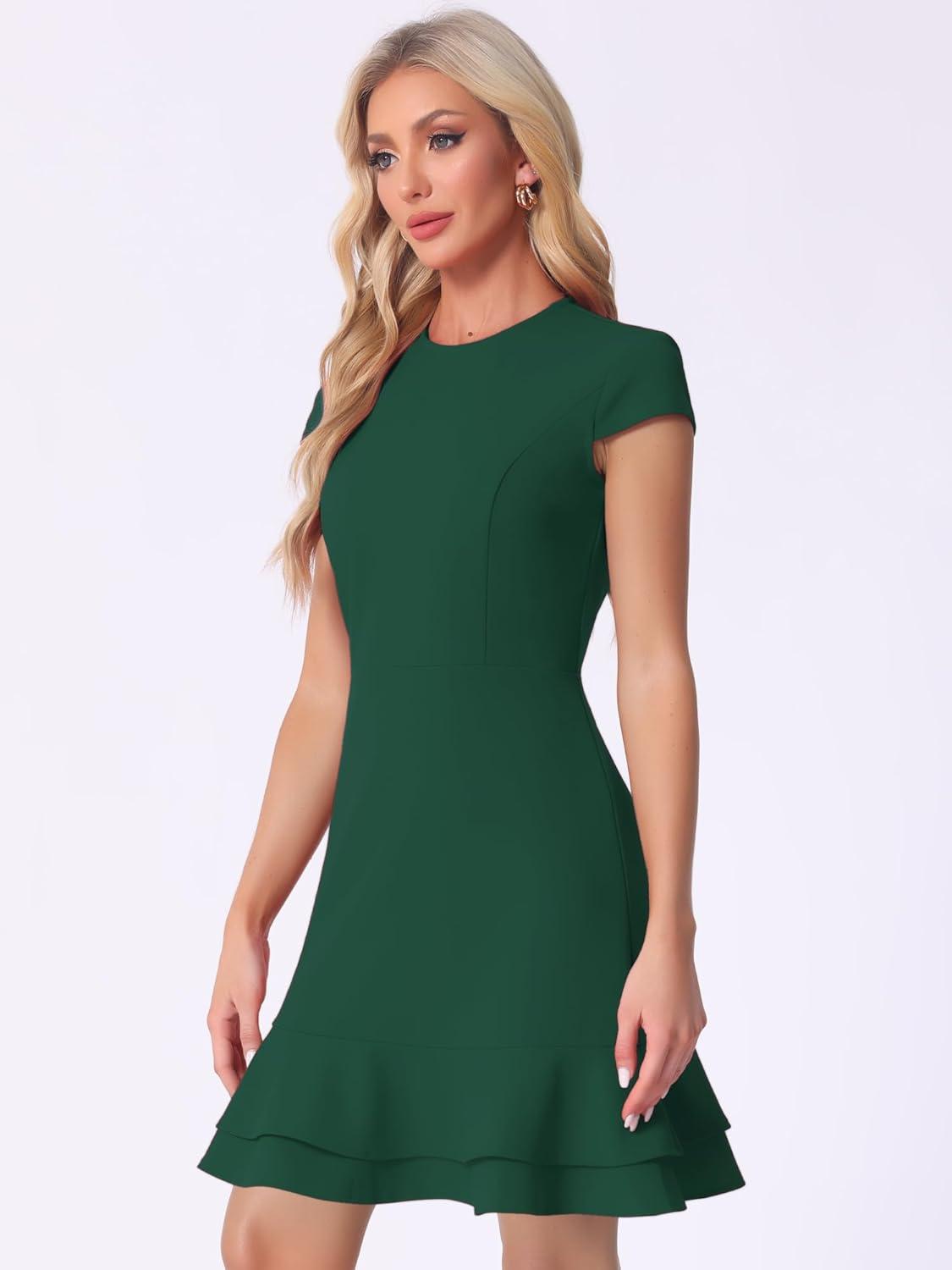 imageAllegra K Womens Cap Sleeves Round Neck Tiered Ruffled Hem Above Knee DressGreen
