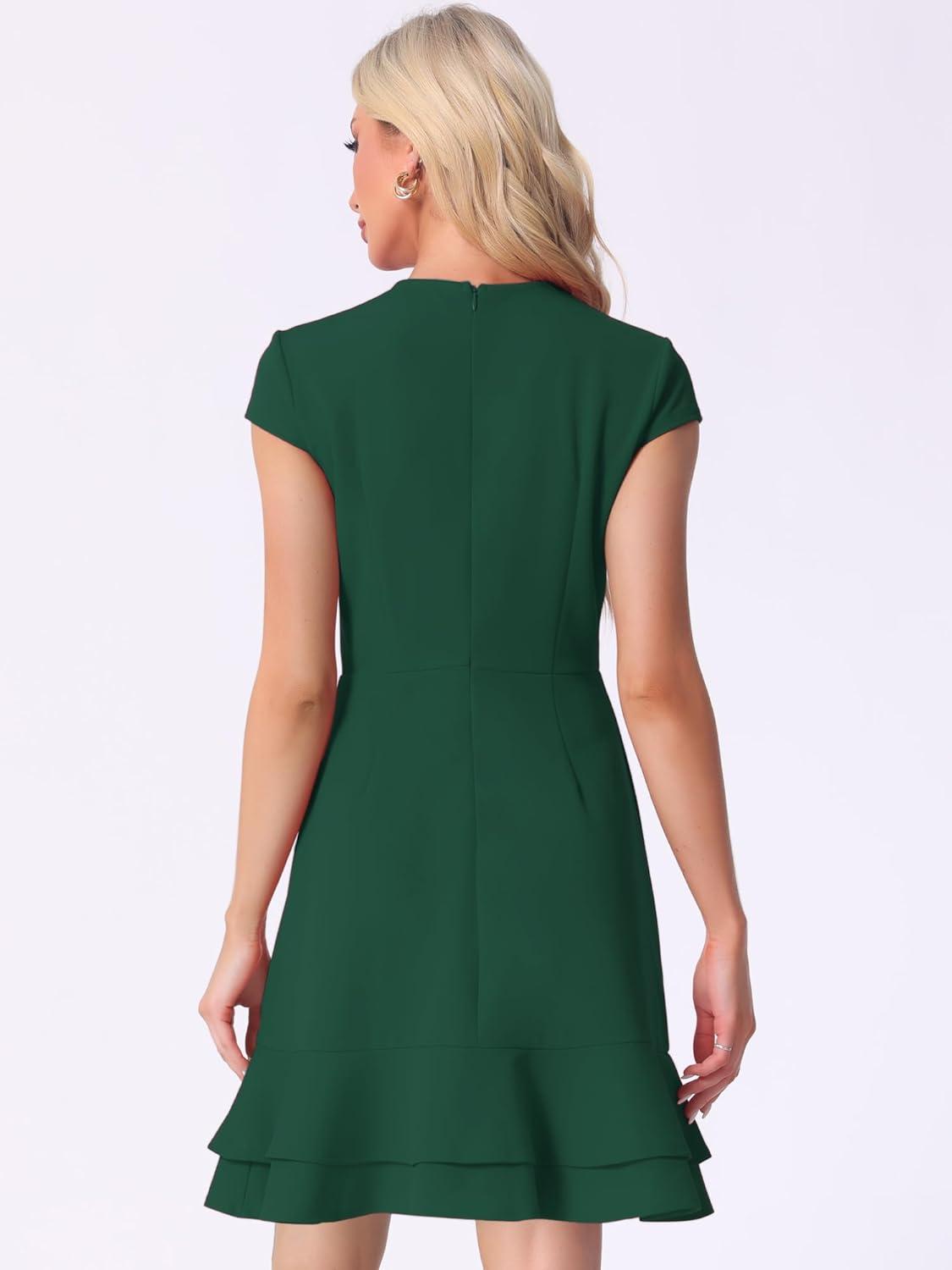 imageAllegra K Womens Cap Sleeves Round Neck Tiered Ruffled Hem Above Knee DressGreen