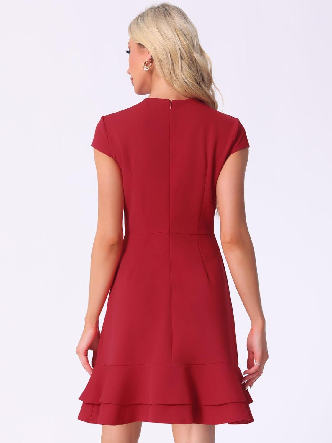imageAllegra K Womens Cap Sleeves Round Neck Tiered Ruffled Hem Above Knee DressRed