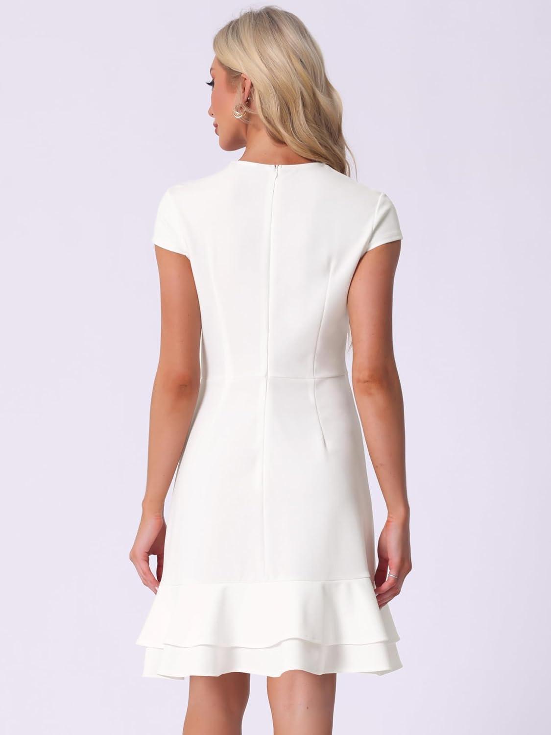 imageAllegra K Womens Cap Sleeves Round Neck Tiered Ruffled Hem Above Knee DressWhite