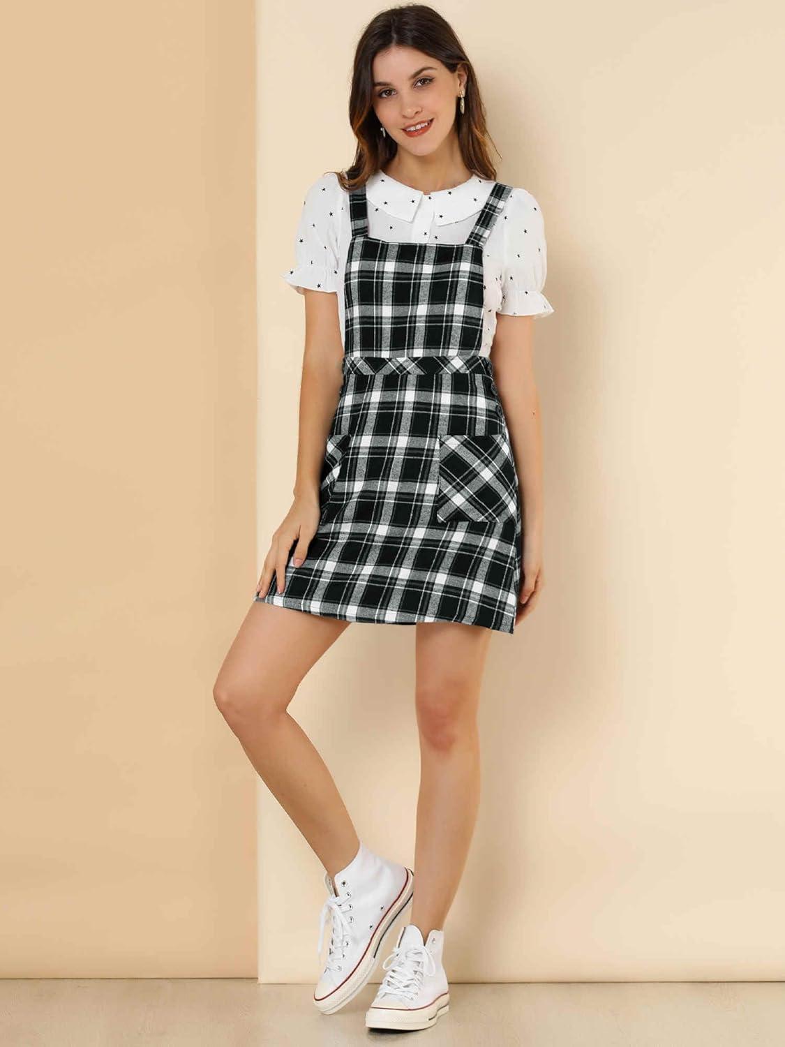 imageAllegra K Womens Christmas Plaid Tartan Skirt Button Decor ALine Pinafore Overall DressBlack