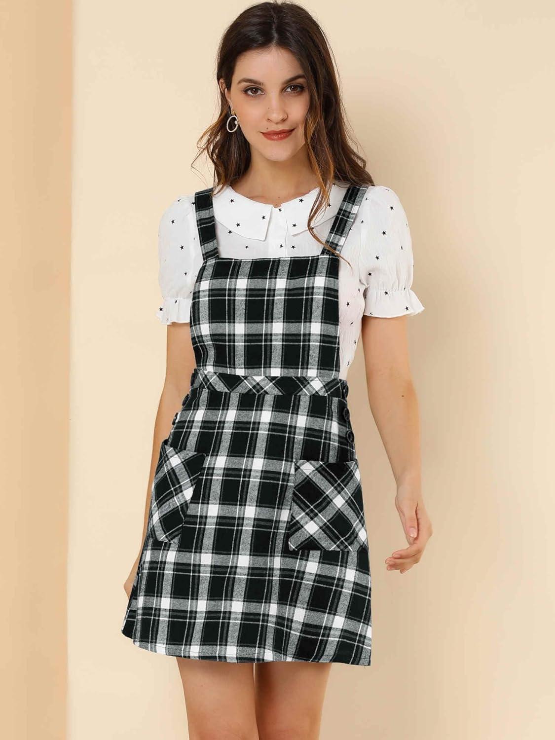 imageAllegra K Womens Christmas Plaid Tartan Skirt Button Decor ALine Pinafore Overall DressBlack