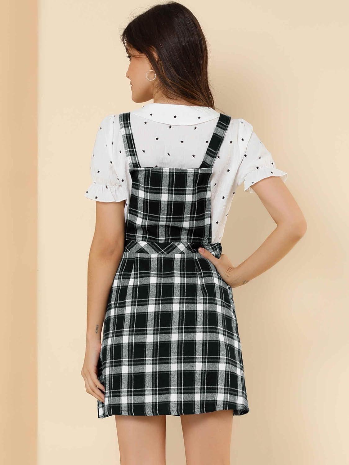 imageAllegra K Womens Christmas Plaid Tartan Skirt Button Decor ALine Pinafore Overall DressBlack