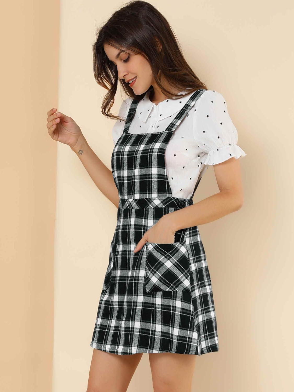 imageAllegra K Womens Christmas Plaid Tartan Skirt Button Decor ALine Pinafore Overall DressBlack